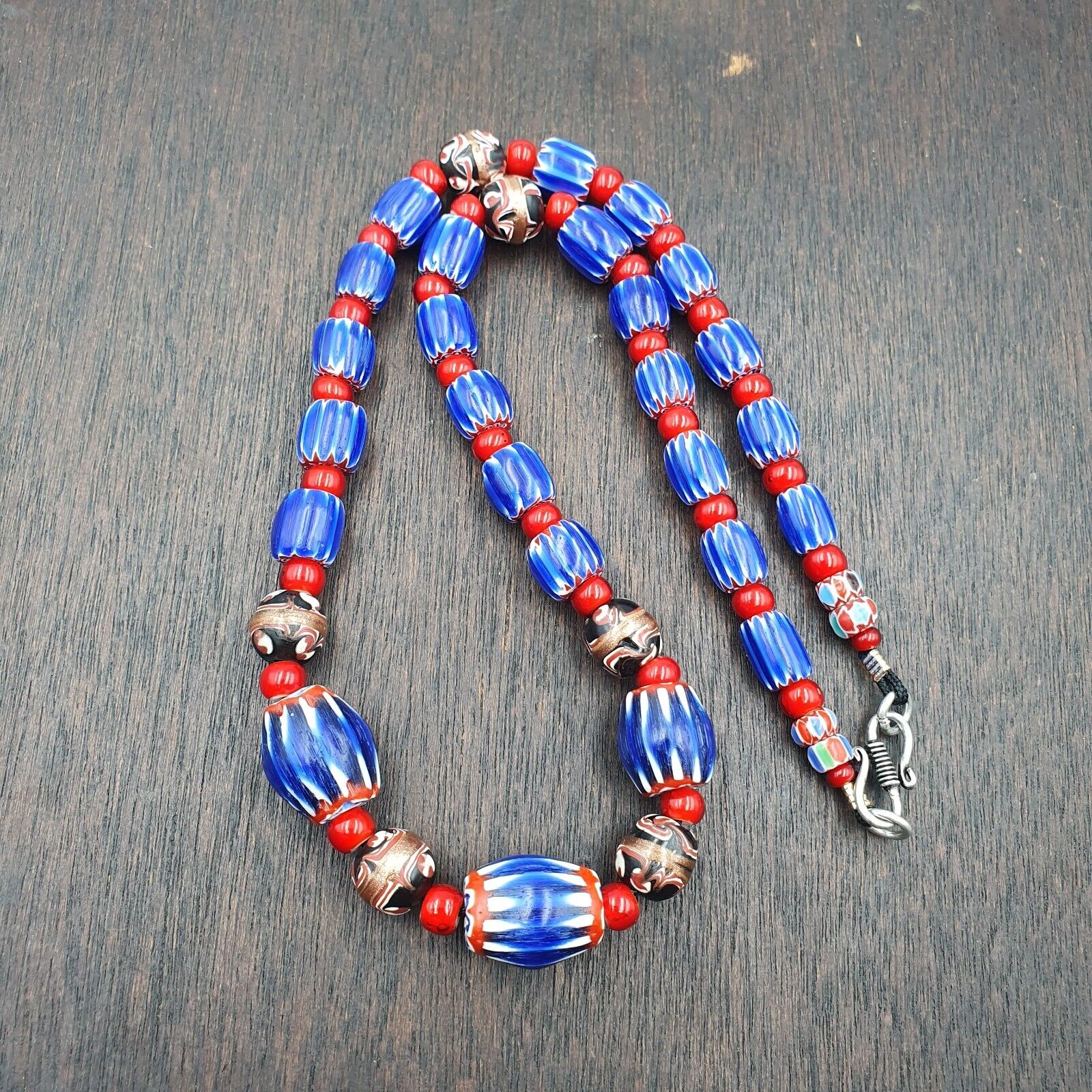 Vintage Venetian White heart With Blue Glass Chevron Beads Necklace. NC-9-2