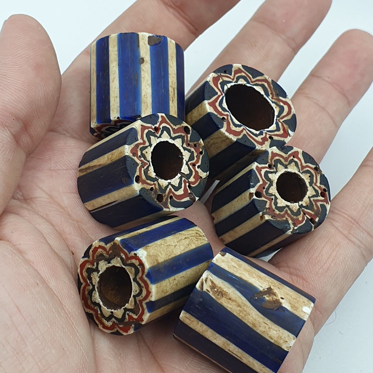 Antique Venetian Trade African Blue Glass Chevron Beads Lot 6 Beads