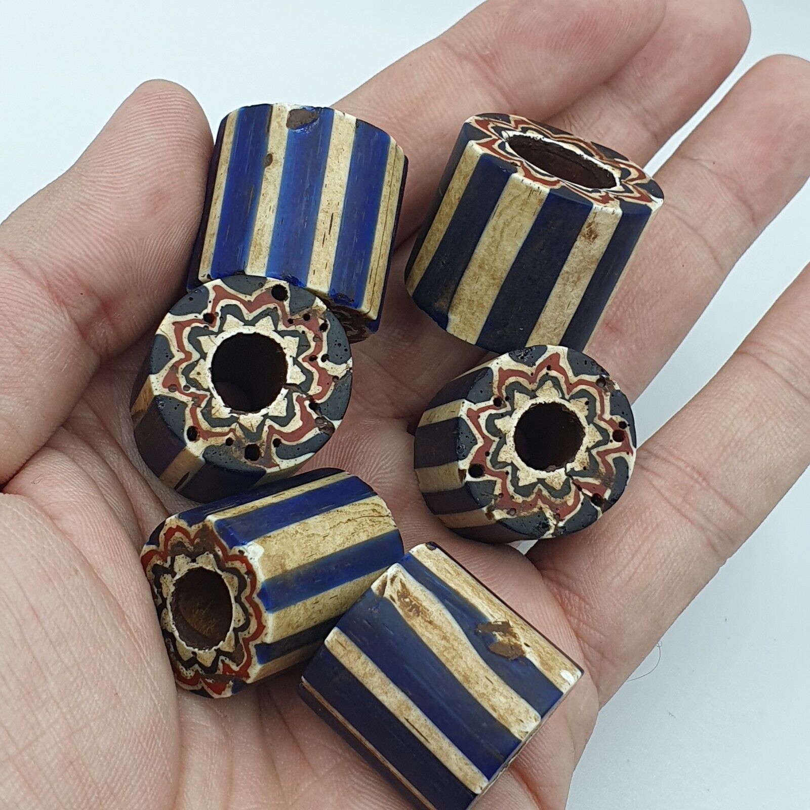 Antique Venetian Trade African Blue Glass Chevron Beads Lot 6 Beads
