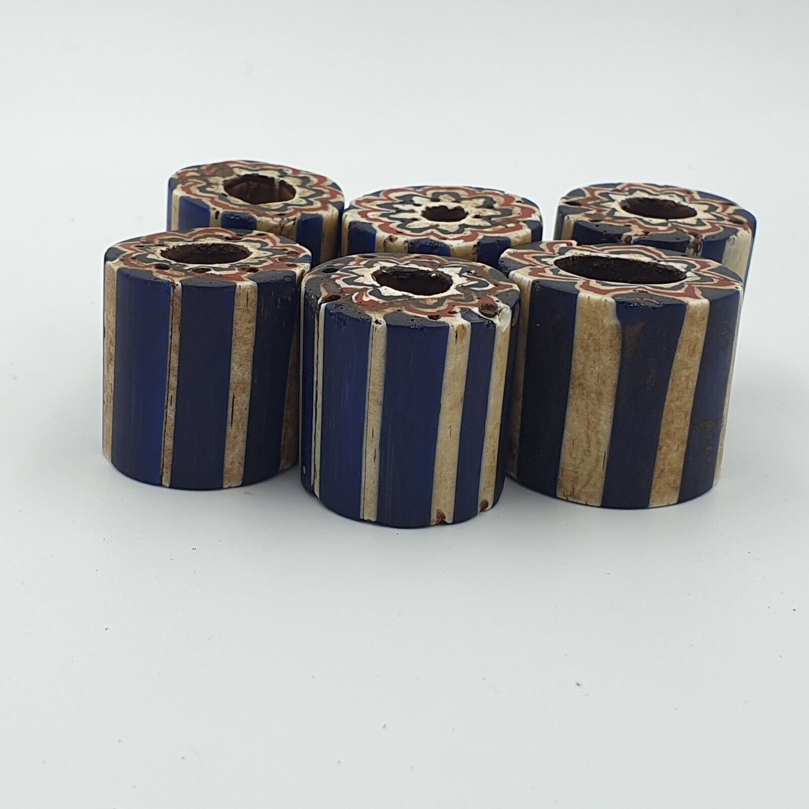 Antique Venetian Trade African Blue Glass Chevron Beads Lot 6 Beads