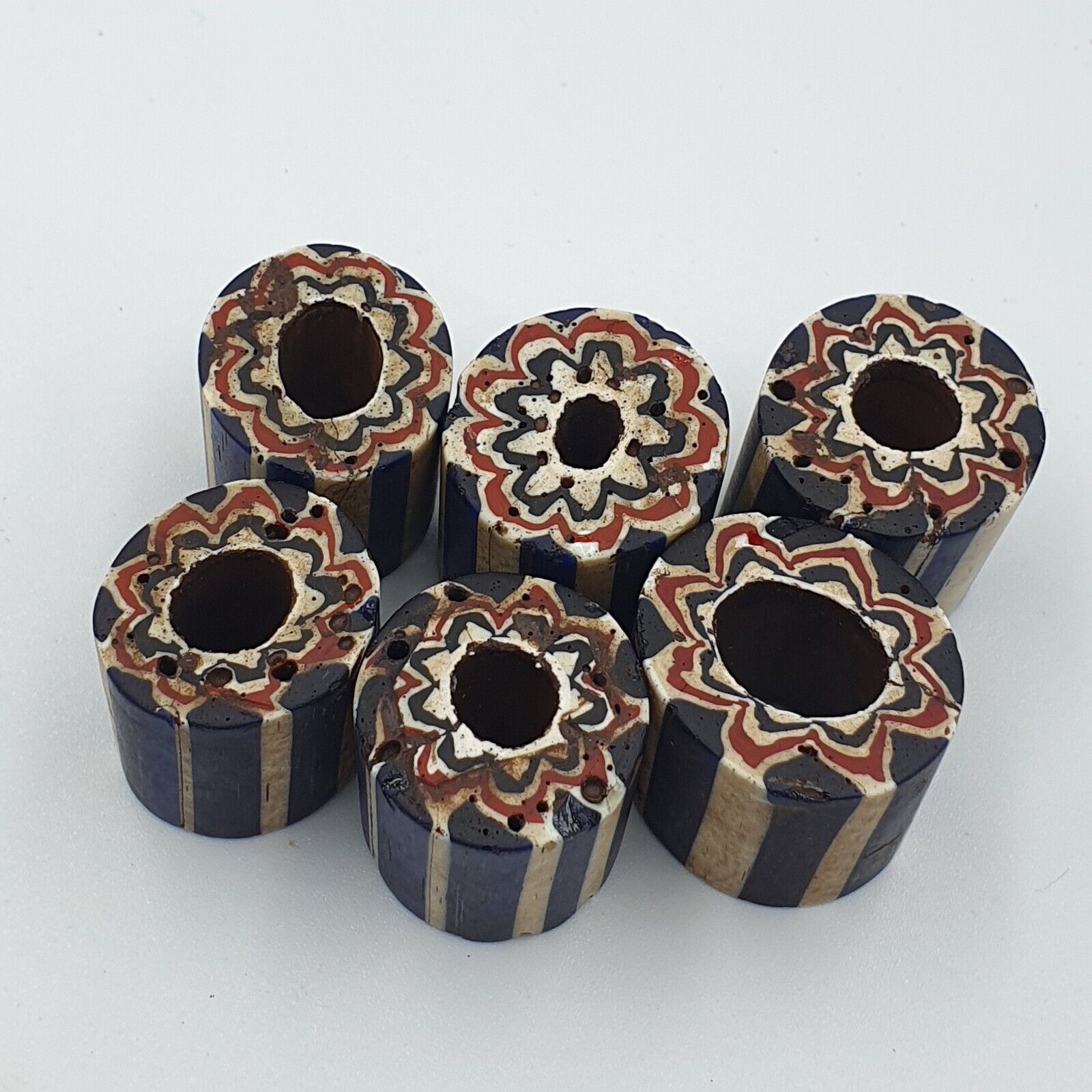 Antique Venetian Trade African Blue Glass Chevron Beads Lot 6 Beads