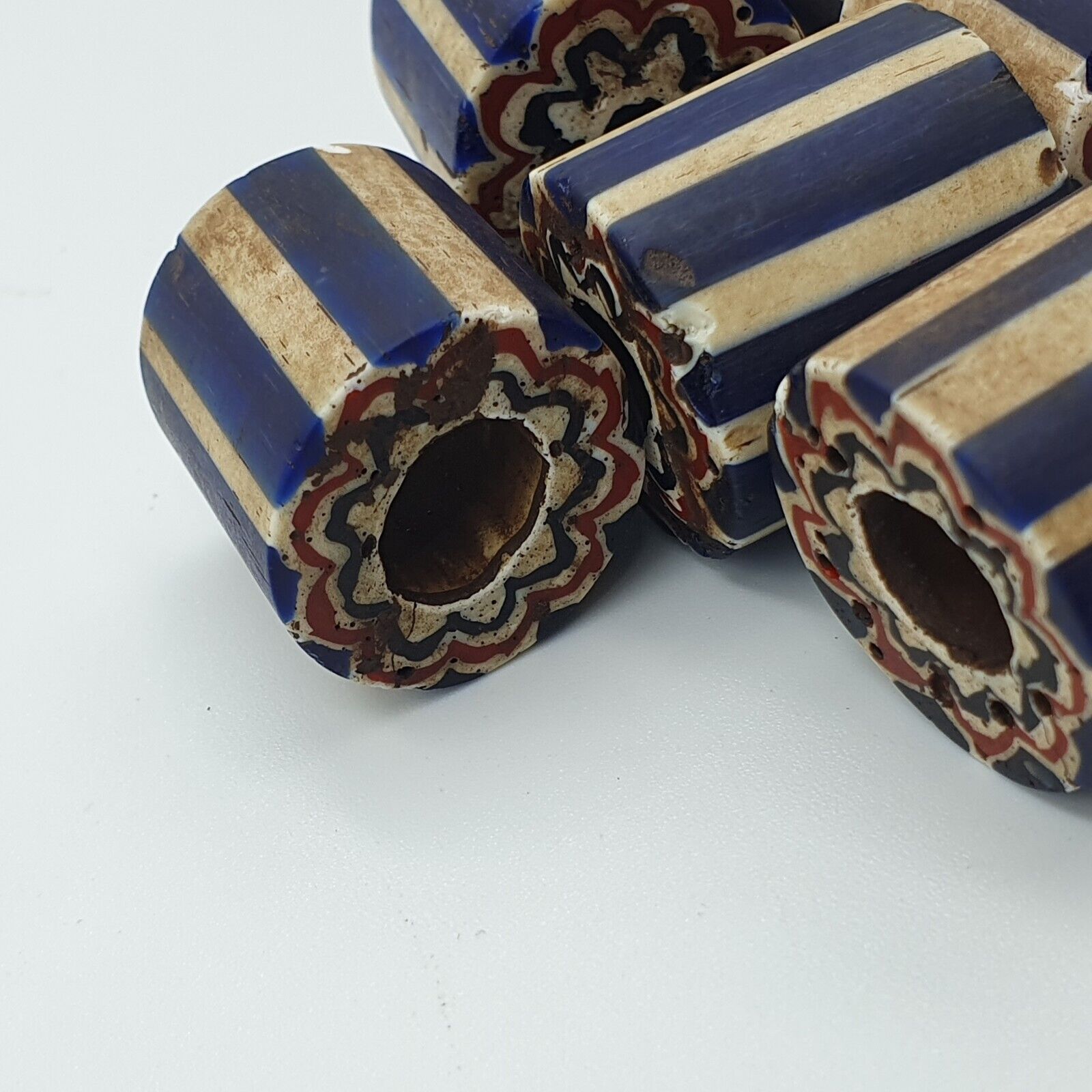 Antique Venetian Trade African Blue Glass Chevron Beads Lot 6 Beads