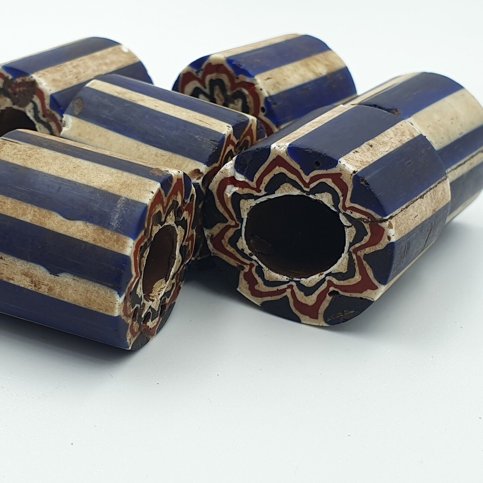 Antique Venetian Trade African Blue Glass Chevron Beads Lot 6 Beads
