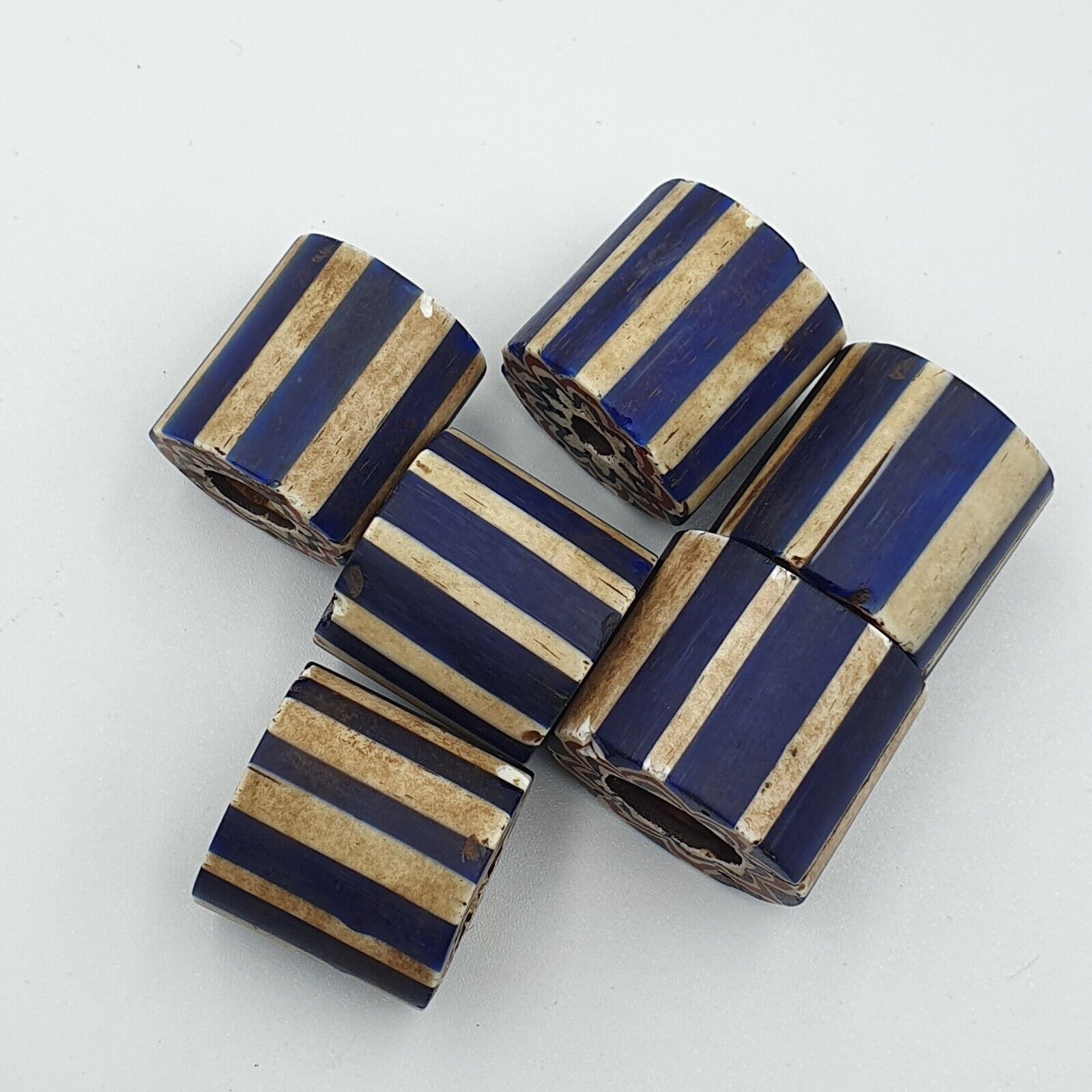 Antique Venetian Trade African Blue Glass Chevron Beads Lot 6 Beads