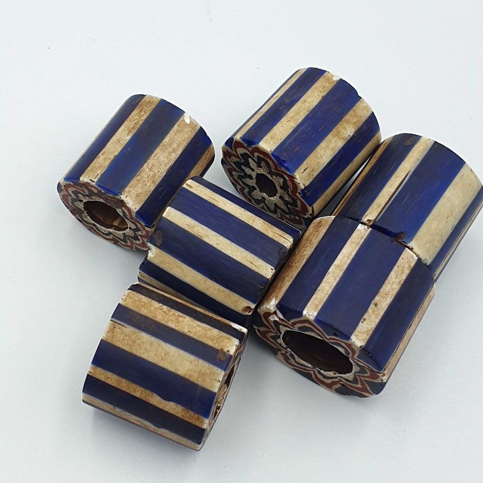 Antique Venetian Trade African Blue Glass Chevron Beads Lot 6 Beads