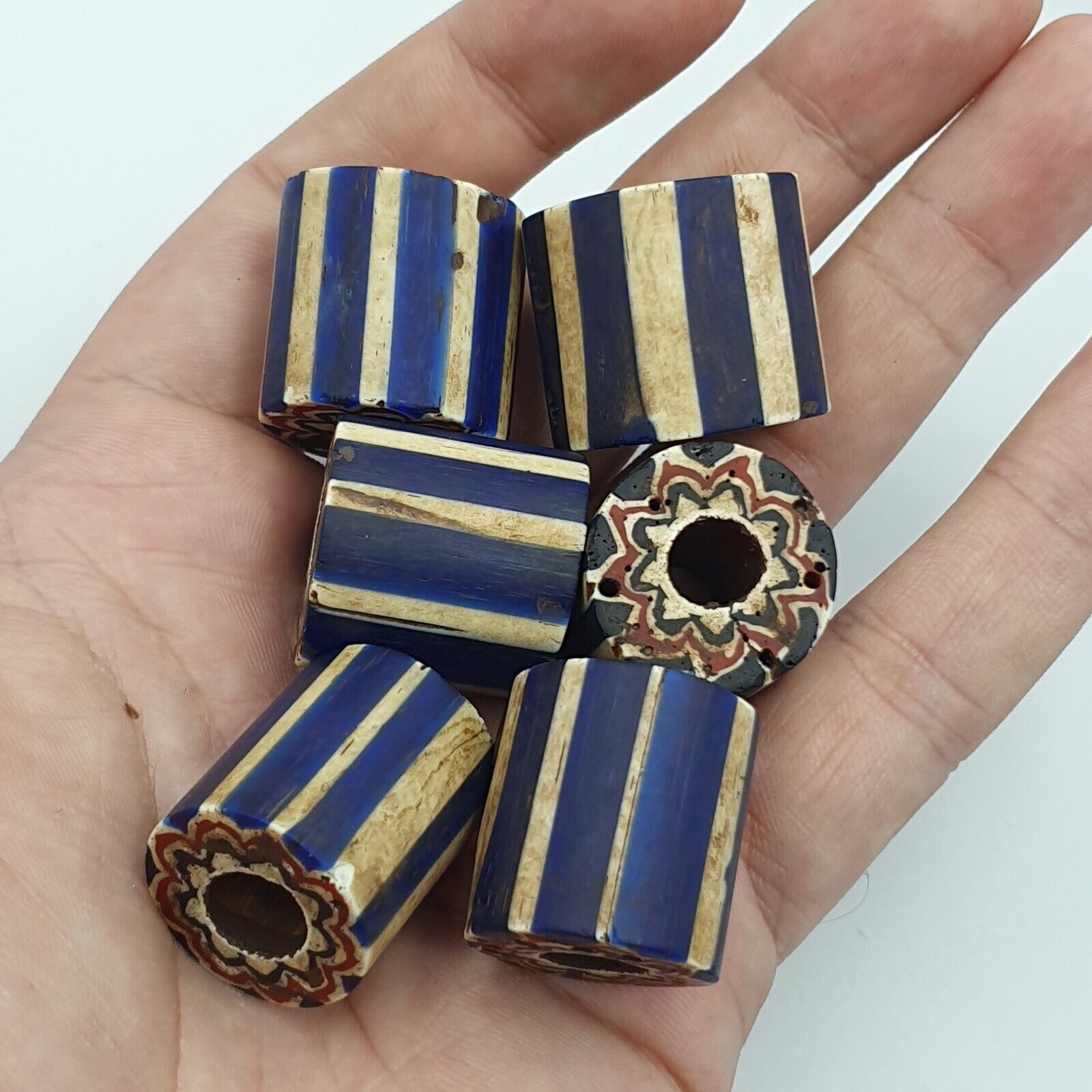 Antique Venetian Trade African Blue Glass Chevron Beads Lot 6 Beads