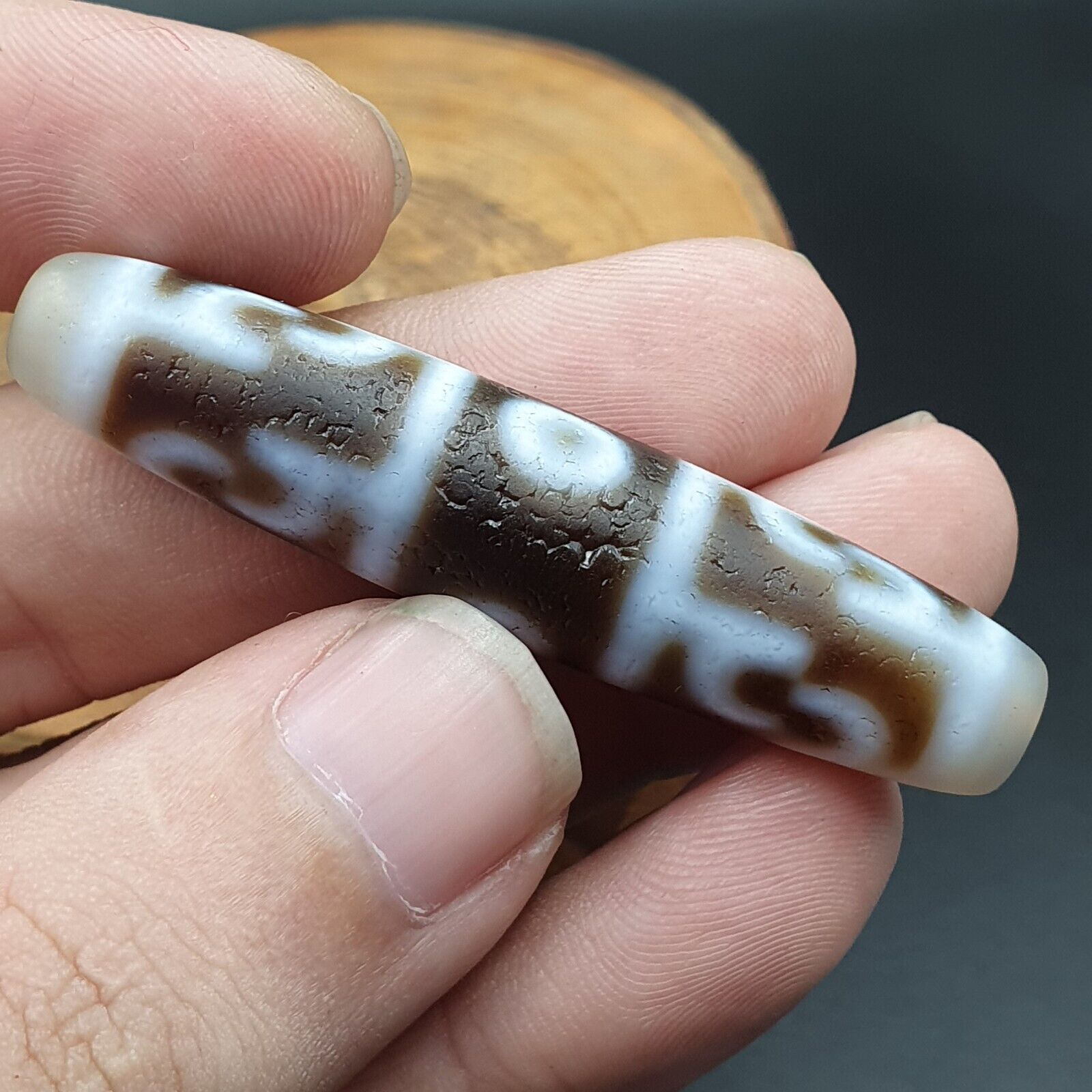 Vintage Old Himalayan Indo Tibetan 5 Eyes pattern Dzi Amulet Pendant Bead B26