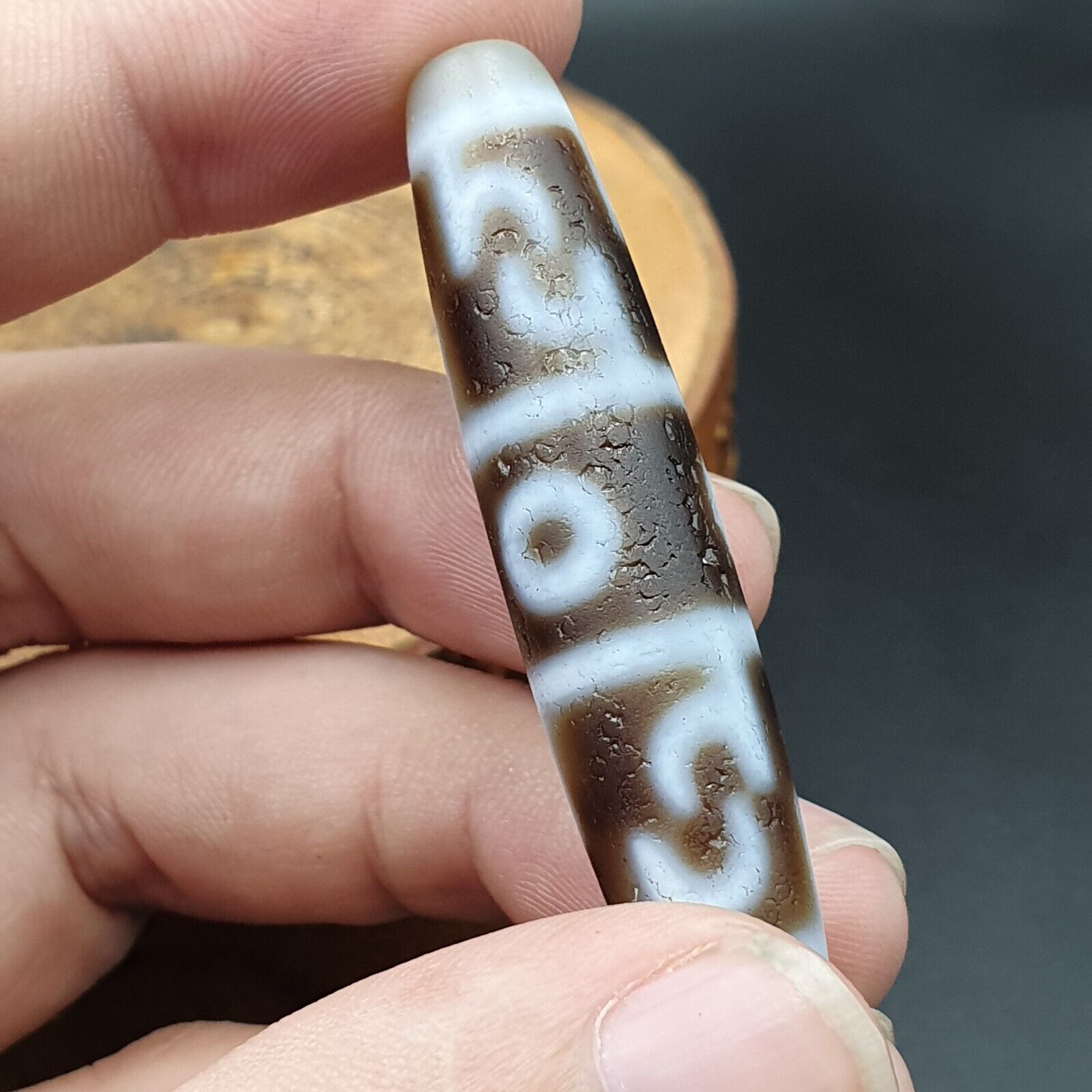 Vintage Old Himalayan Indo Tibetan 5 Eyes pattern Dzi Amulet Pendant Bead B26