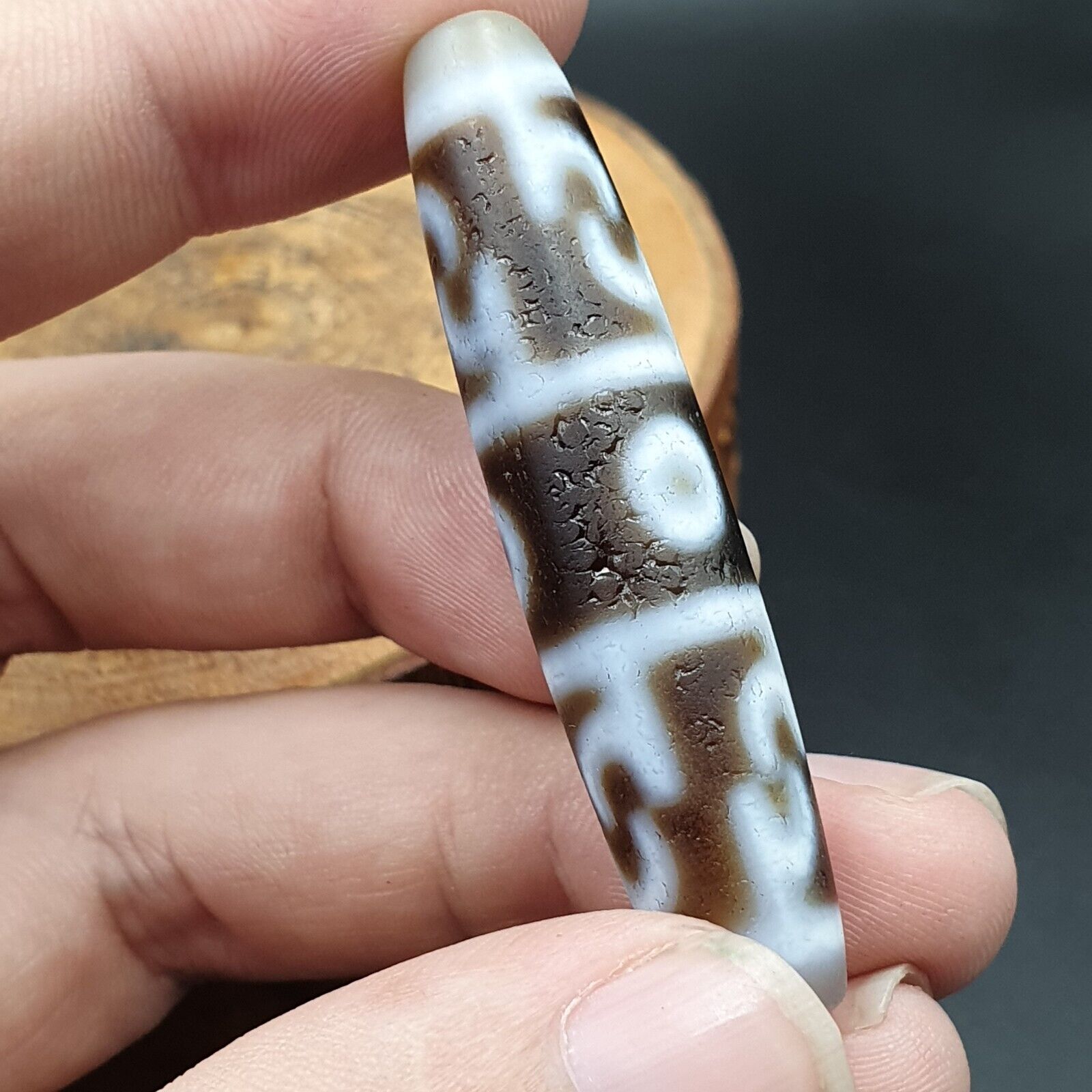 Vintage Old Himalayan Indo Tibetan 5 Eyes pattern Dzi Amulet Pendant Bead B26