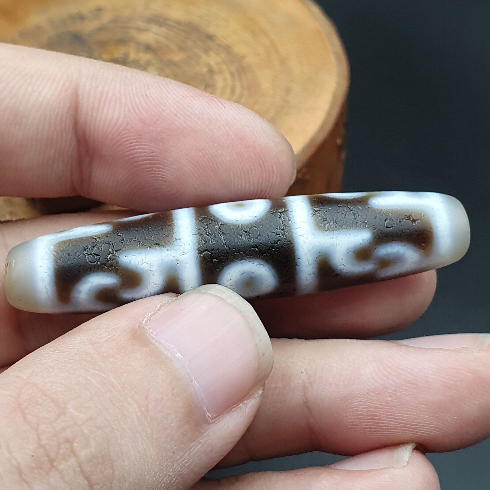 Vintage Old Himalayan Indo Tibetan 5 Eyes pattern Dzi Amulet Pendant Bead B26