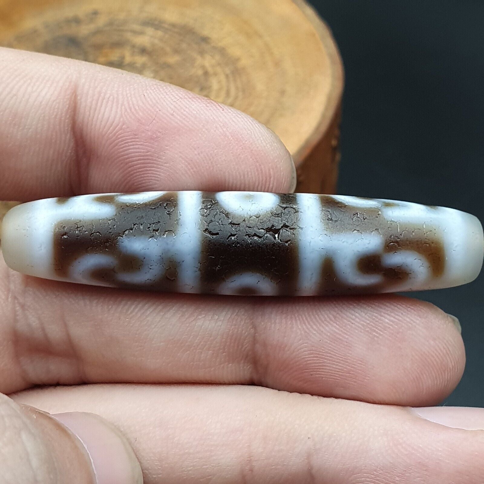 Vintage Old Himalayan Indo Tibetan 5 Eyes pattern Dzi Amulet Pendant Bead B26