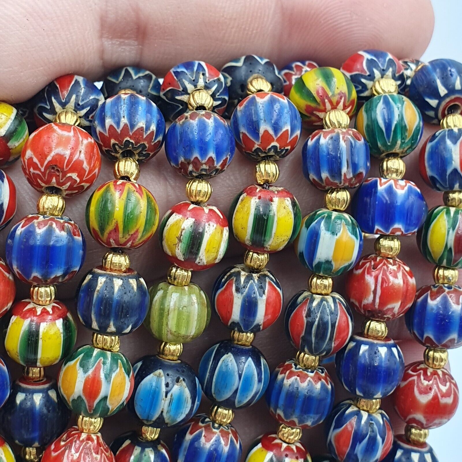 Vintage Venetian African Style Glass Chevron 8.5-9mm Beads Long Strand