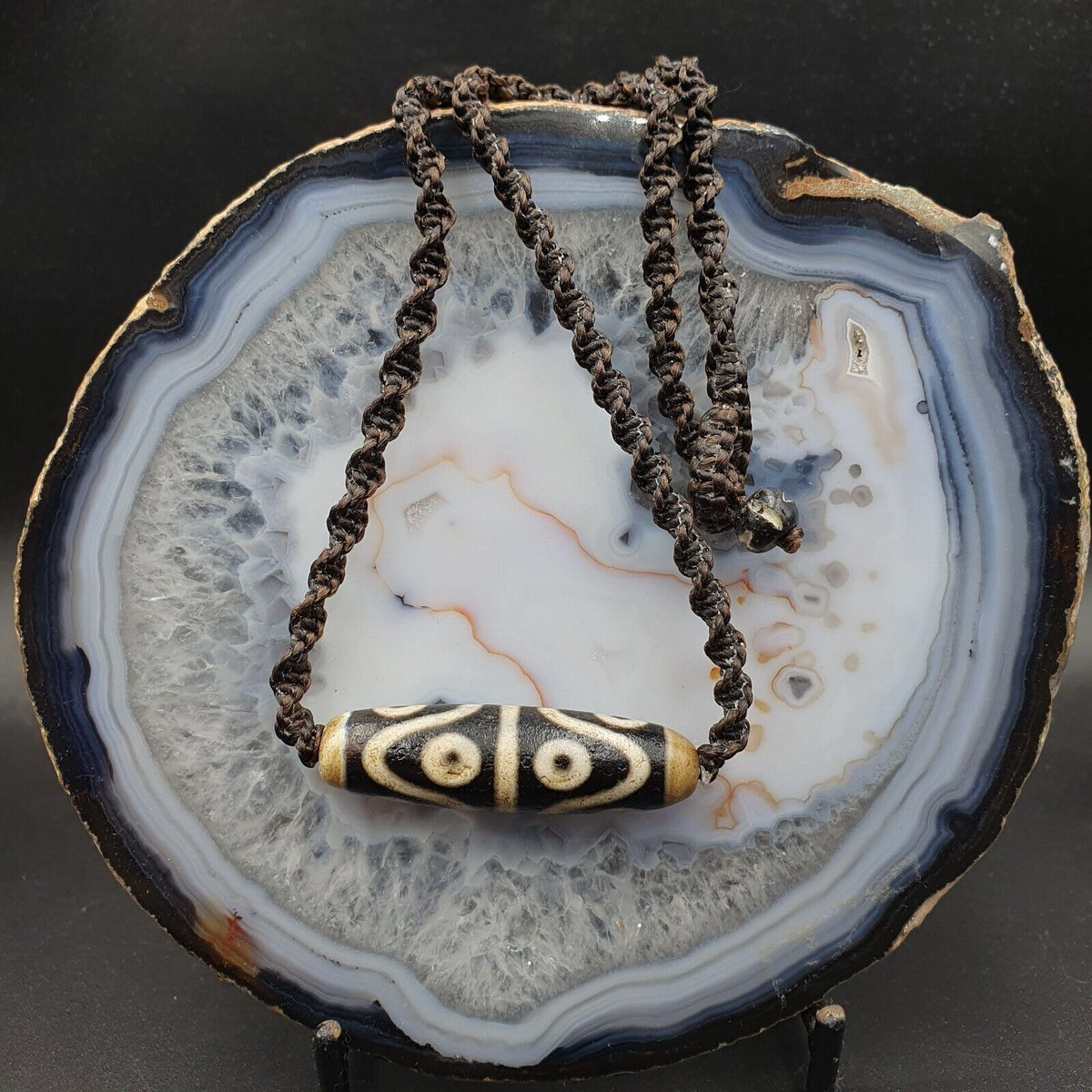 S3 Vintage Old Tibetan 6 Eyes Agate stone Dzi Bead Amulet with 18" wax thread