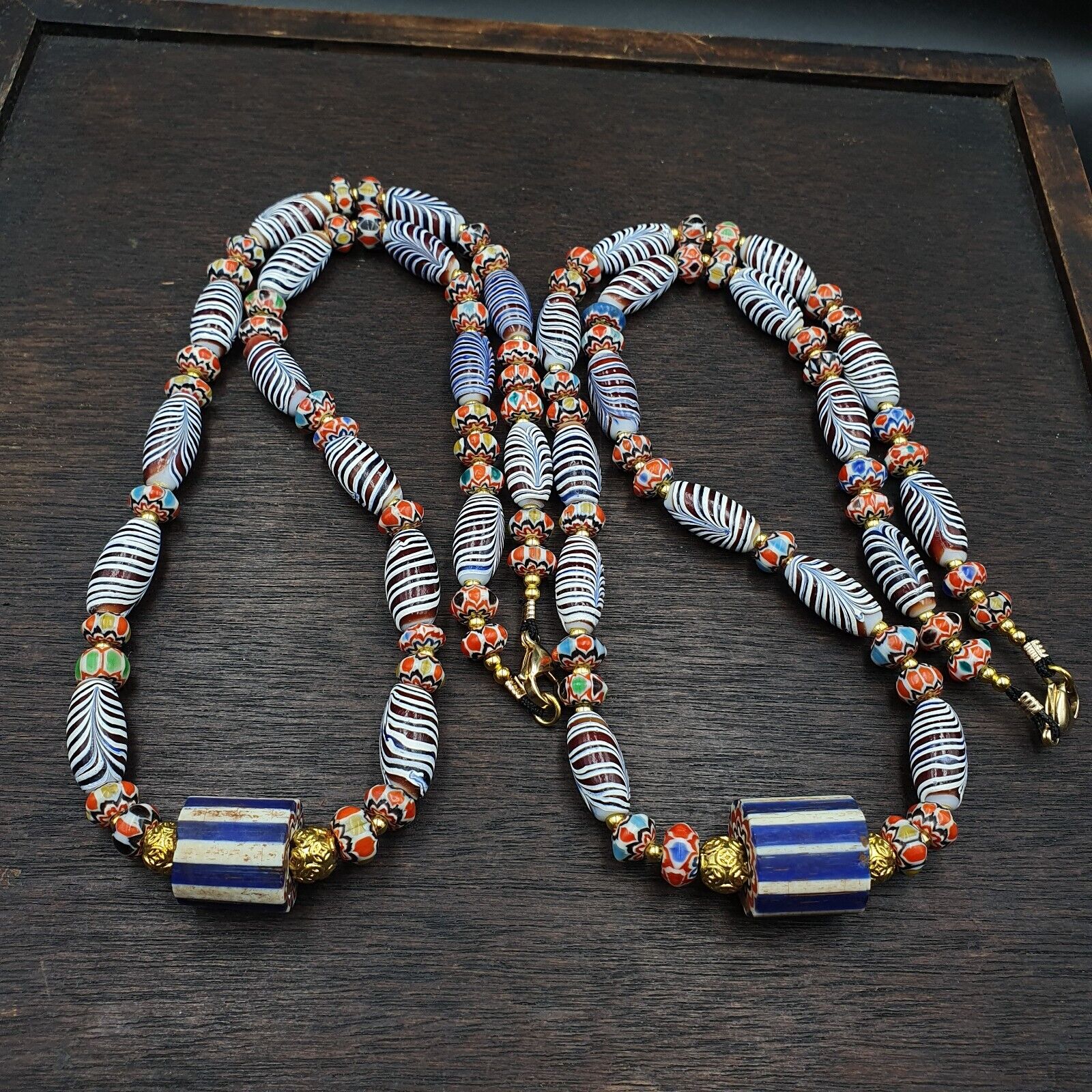 Vintage Fancy Aventurine Chevron Feather Venetian Style Beads | Necklace