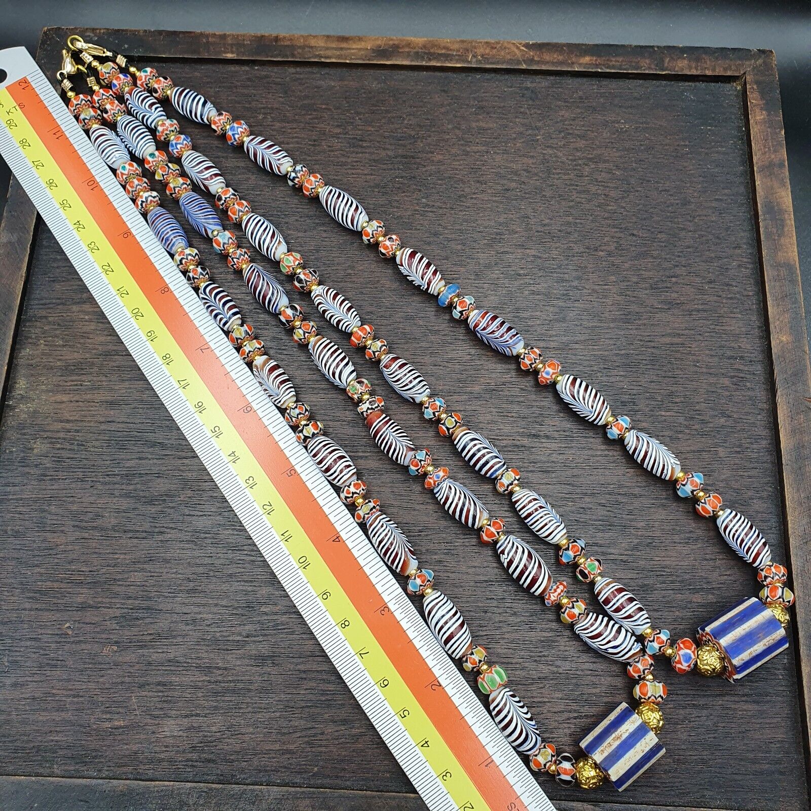 Vintage Fancy Aventurine Chevron Feather Venetian Style Beads | Necklace