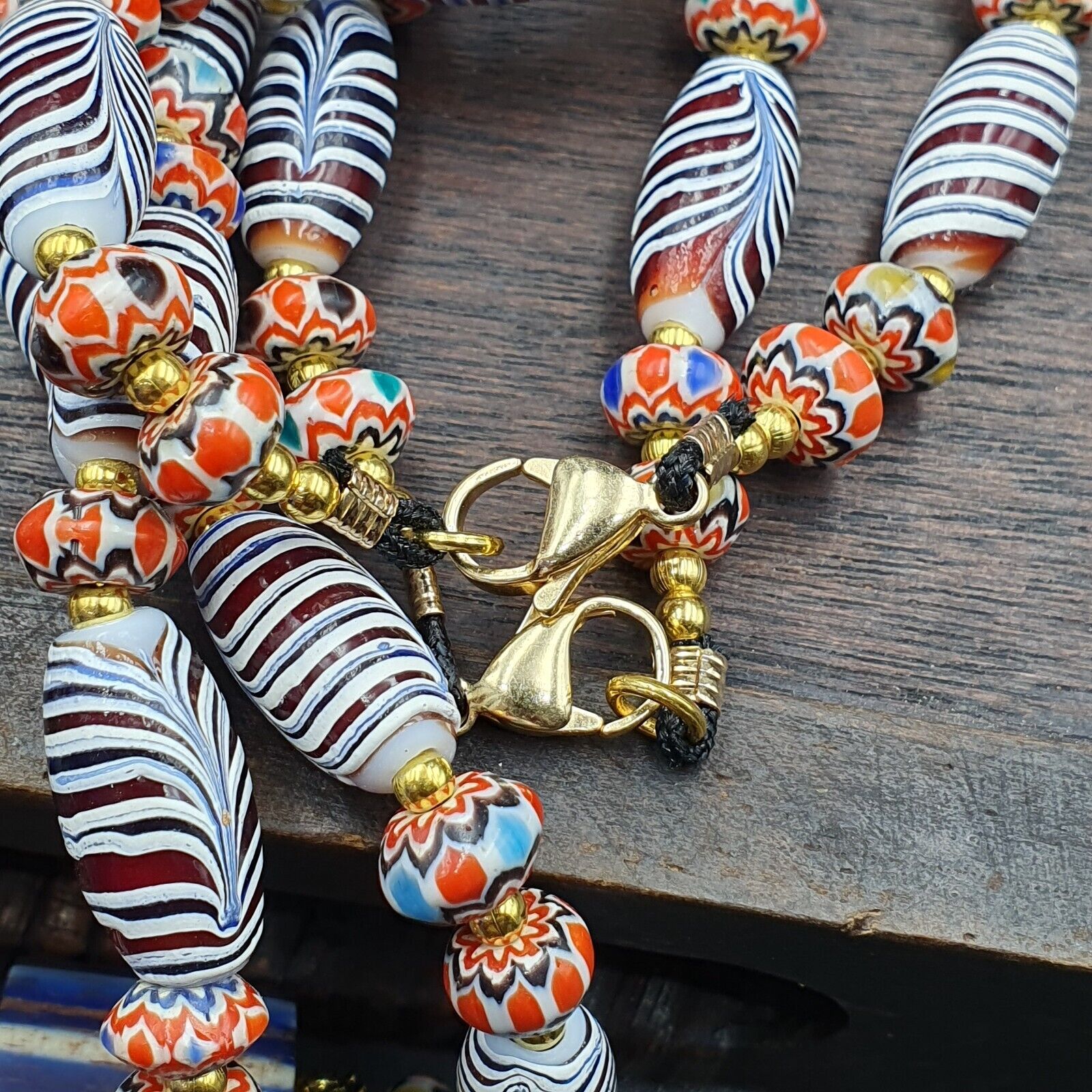 Vintage Fancy Aventurine Chevron Feather Venetian Style Beads | Necklace