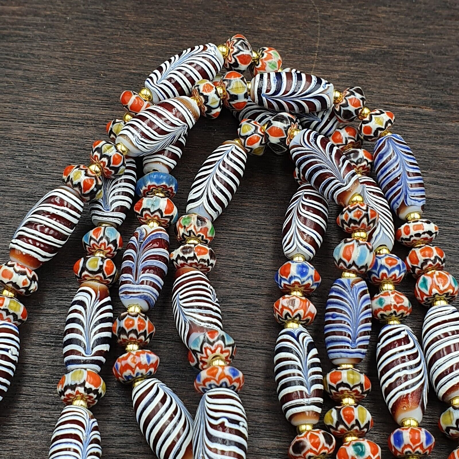 Vintage Fancy Aventurine Chevron Feather Venetian Style Beads | Necklace