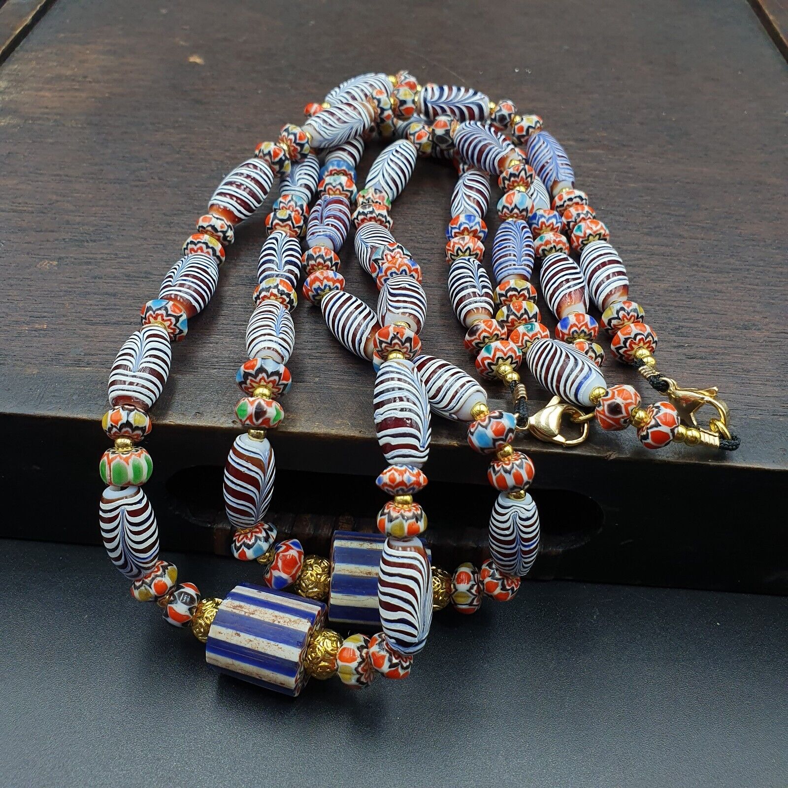 Vintage Fancy Aventurine Chevron Feather Venetian Style Beads | Necklace