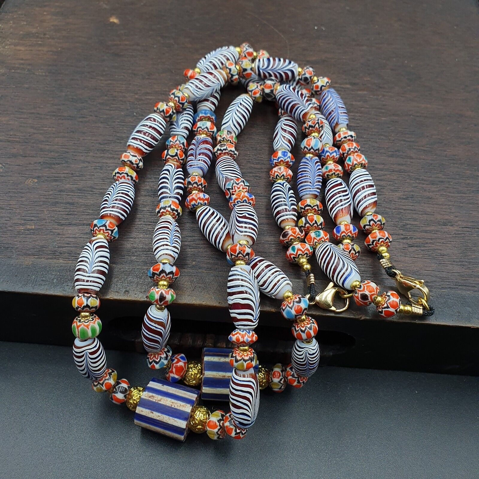 Vintage Fancy Aventurine Chevron Feather Venetian Style Beads | Necklace