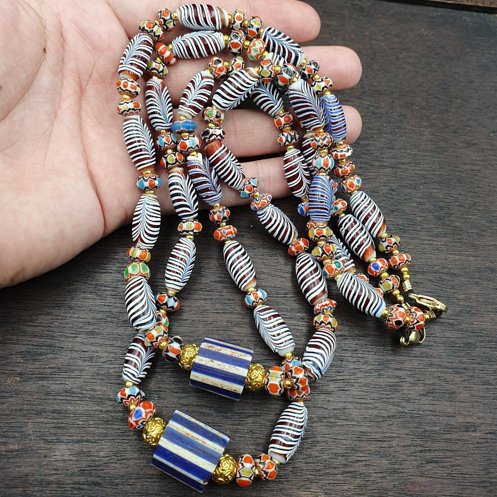 Vintage Fancy Aventurine Chevron Feather Venetian Style Beads | Necklace