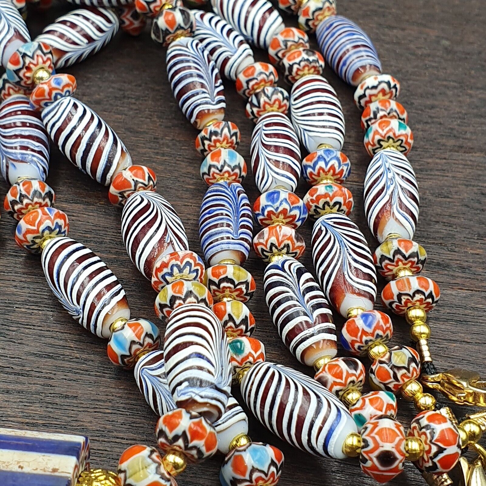 Vintage Fancy Aventurine Chevron Feather Venetian Style Beads | Necklace