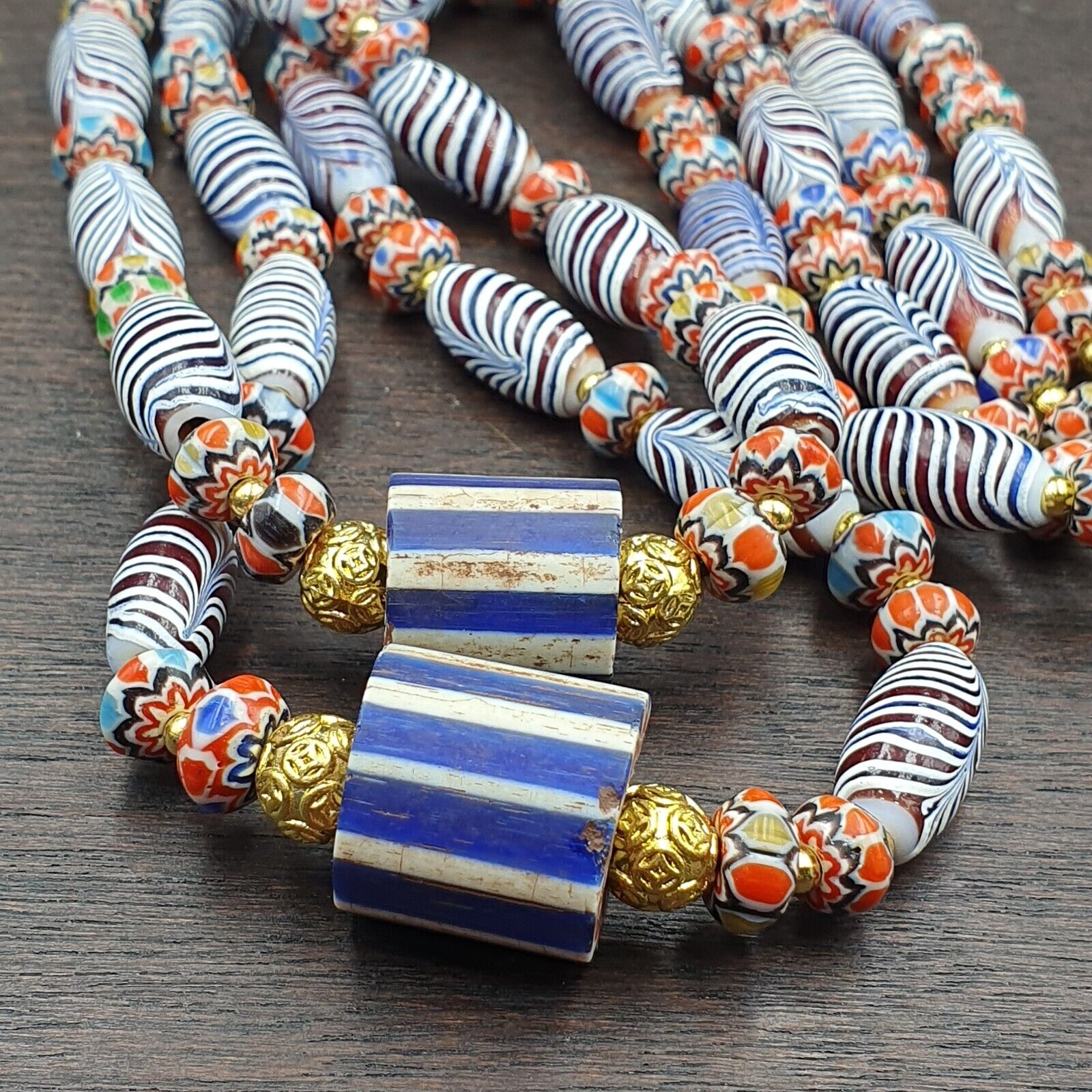 Vintage Fancy Aventurine Chevron Feather Venetian Style Beads | Necklace