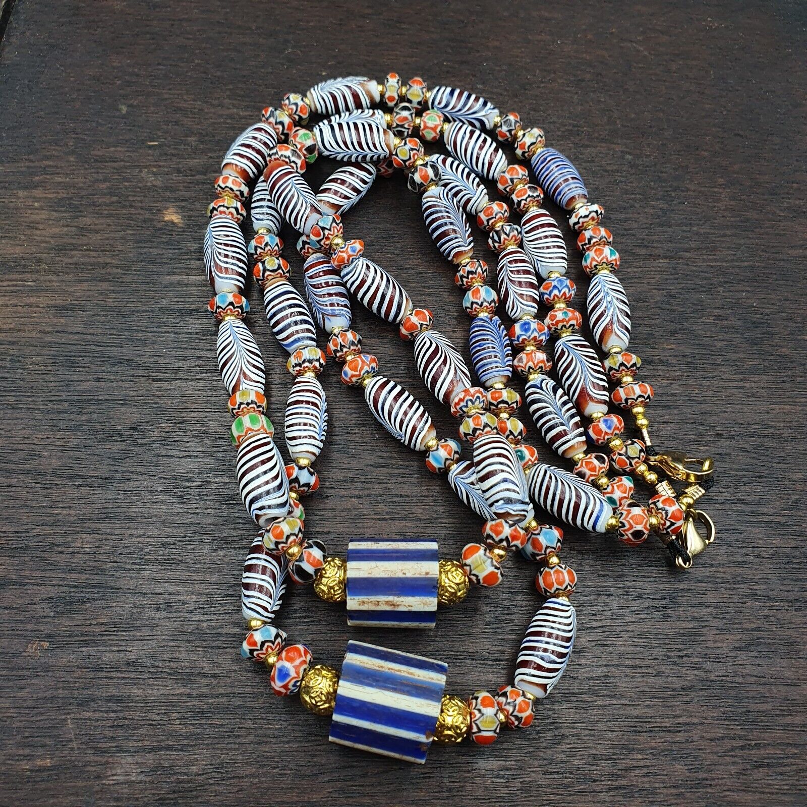 Vintage Fancy Aventurine Chevron Feather Venetian Style Beads | Necklace