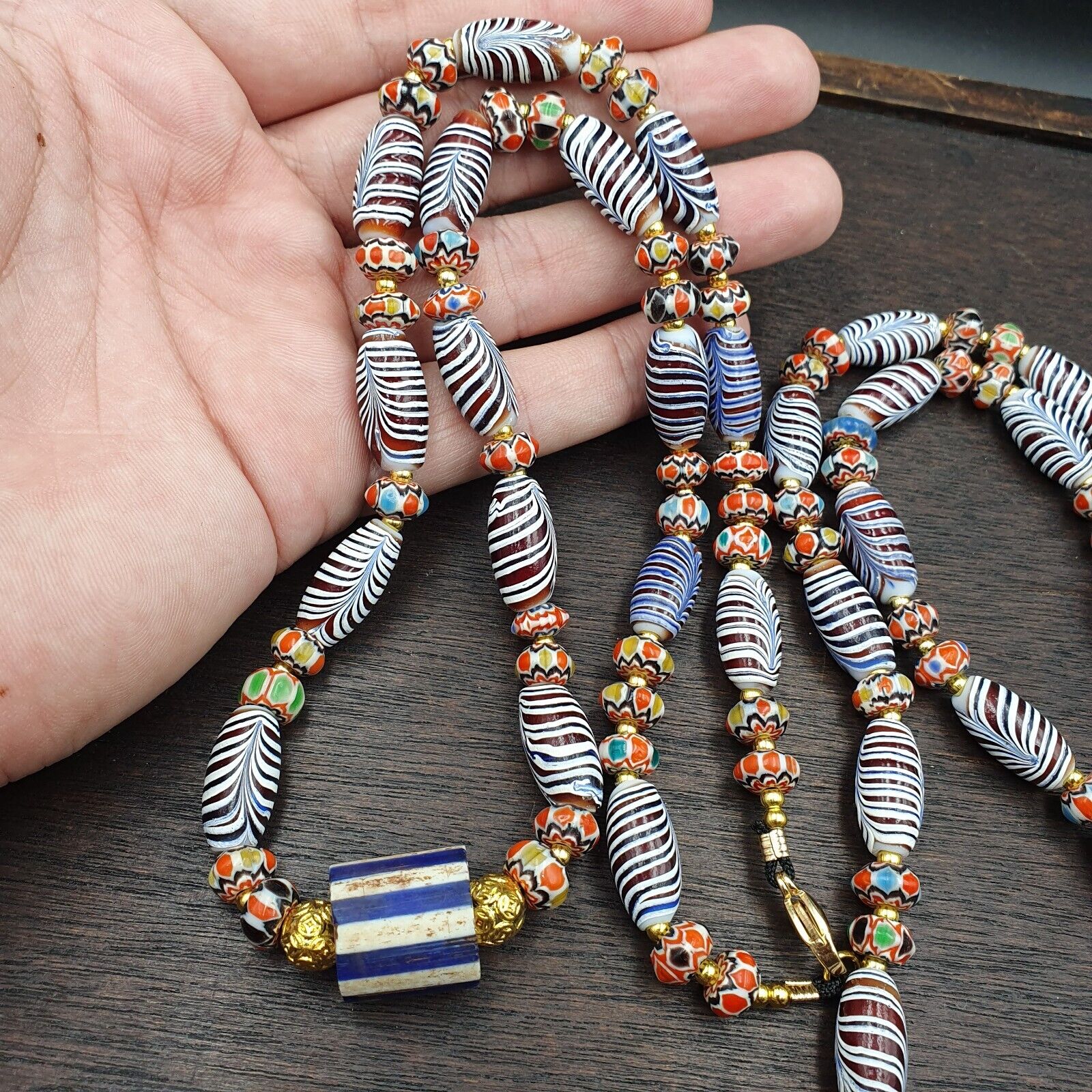 Vintage Fancy Aventurine Chevron Feather Venetian Style Beads | Necklace