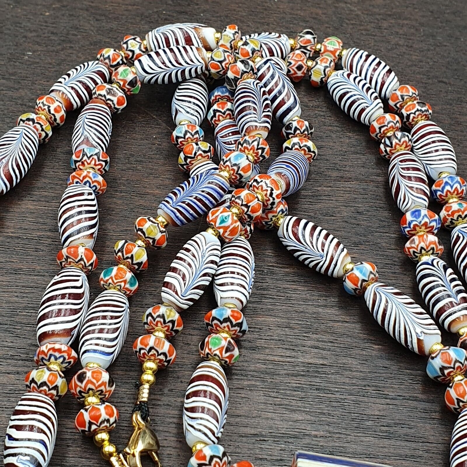 Vintage Fancy Aventurine Chevron Feather Venetian Style Beads | Necklace