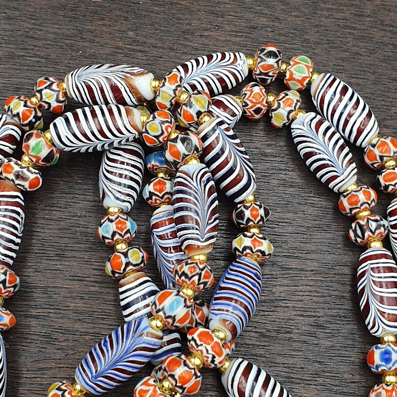 Vintage Fancy Aventurine Chevron Feather Venetian Style Beads | Necklace