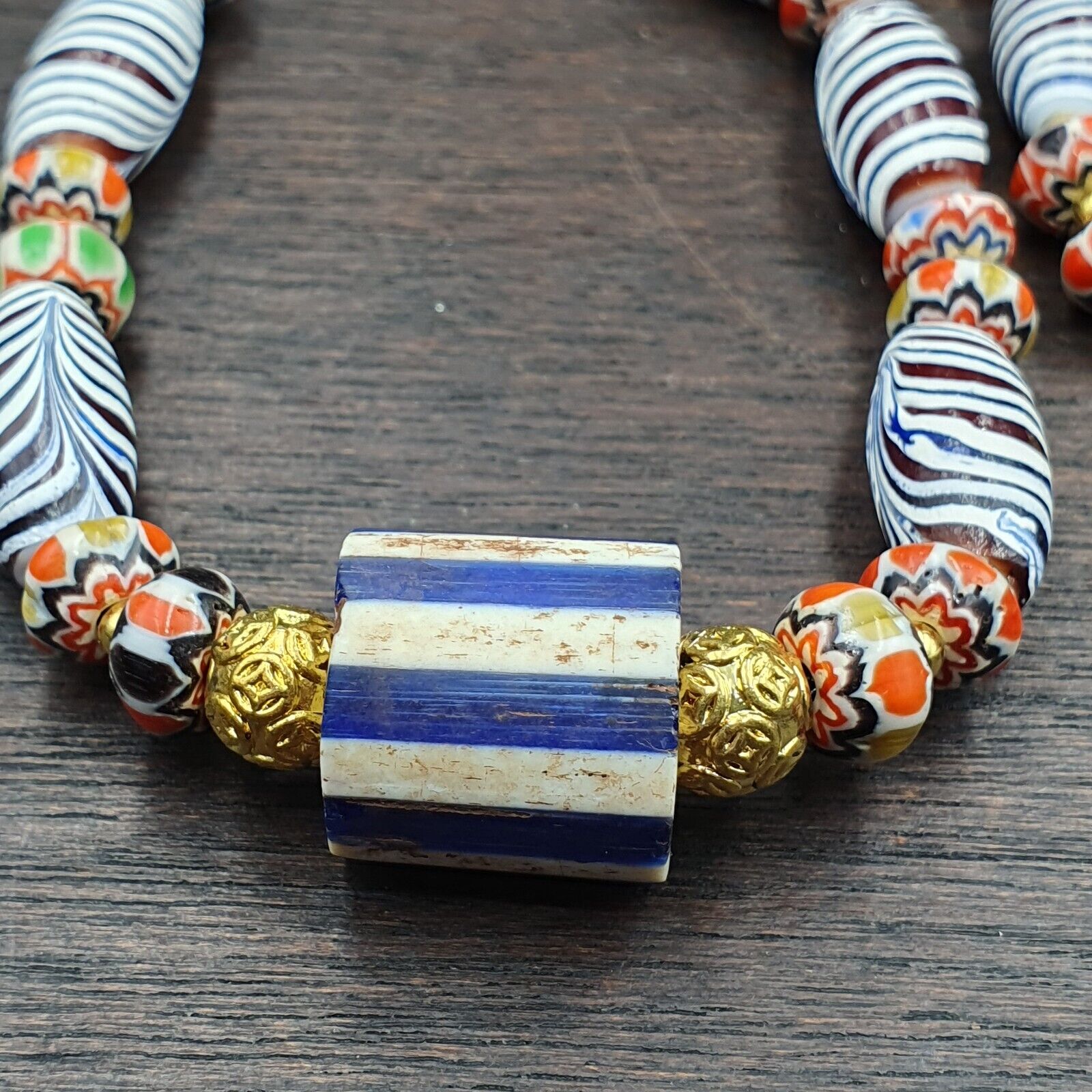 Vintage Fancy Aventurine Chevron Feather Venetian Style Beads | Necklace