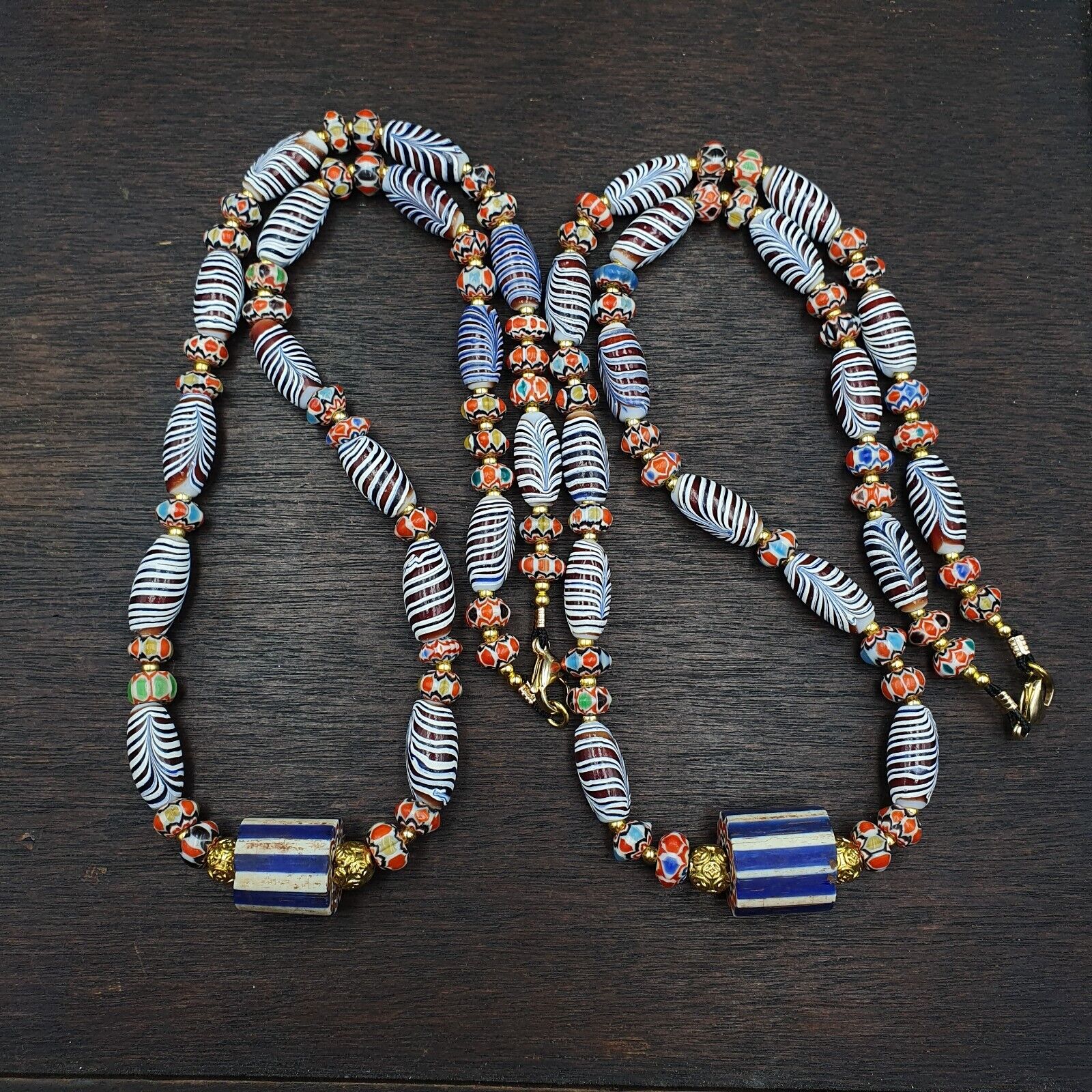 Vintage Fancy Aventurine Chevron Feather Venetian Style Beads | Necklace