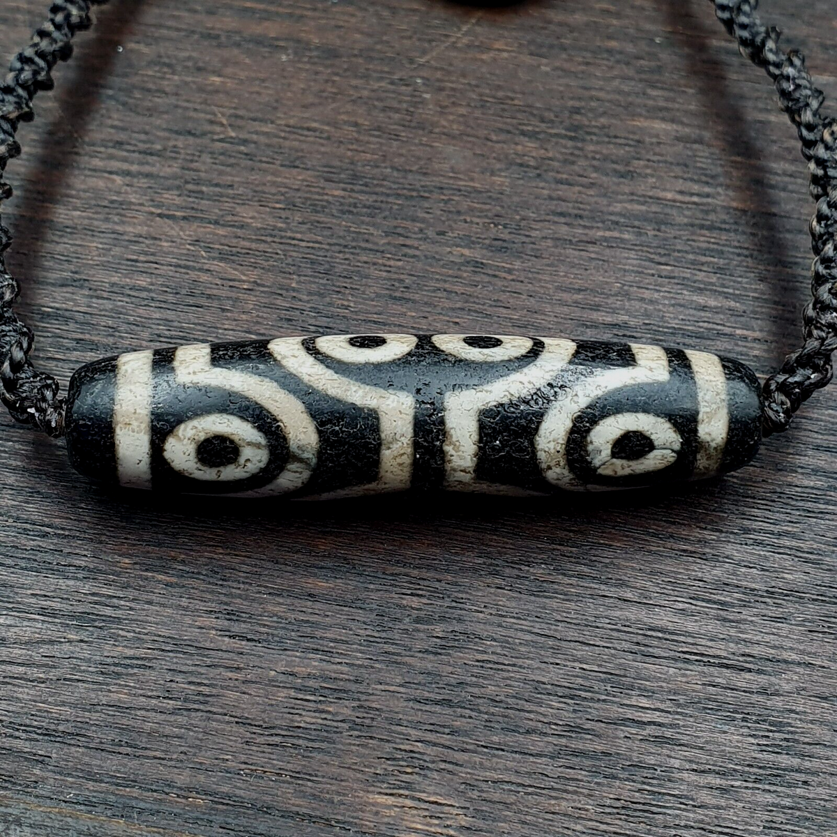 8 Eyes BEAD Tibetan dzi bead old amulet Black Agate Wax Thread Necklace