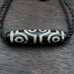 8 Eyes BEAD Tibetan dzi bead old amulet Black Agate Wax Thread Necklace