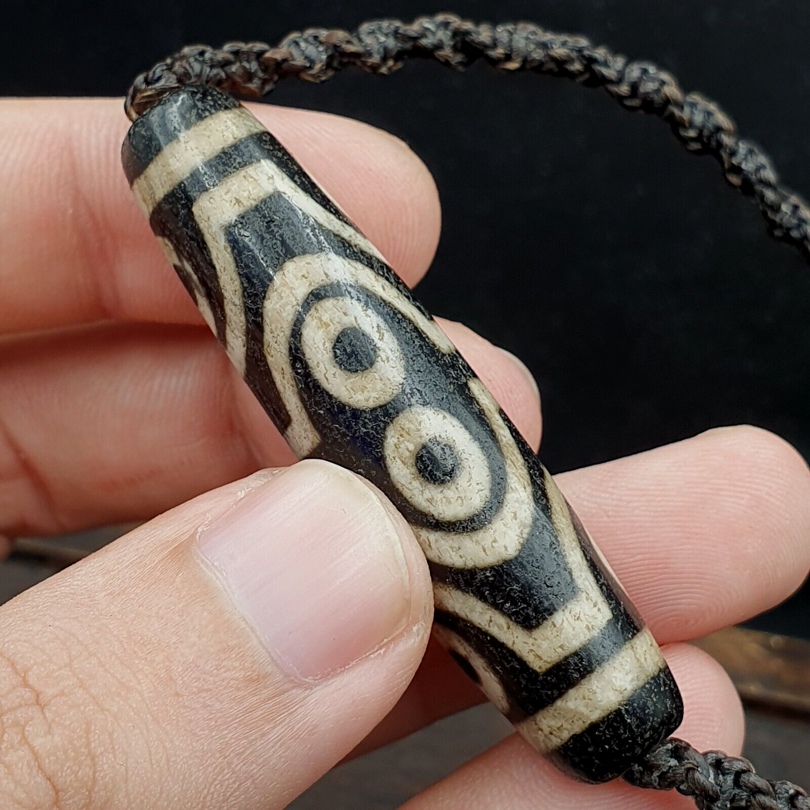 8 Eyes BEAD Tibetan dzi bead old amulet Black Agate Wax Thread Necklace