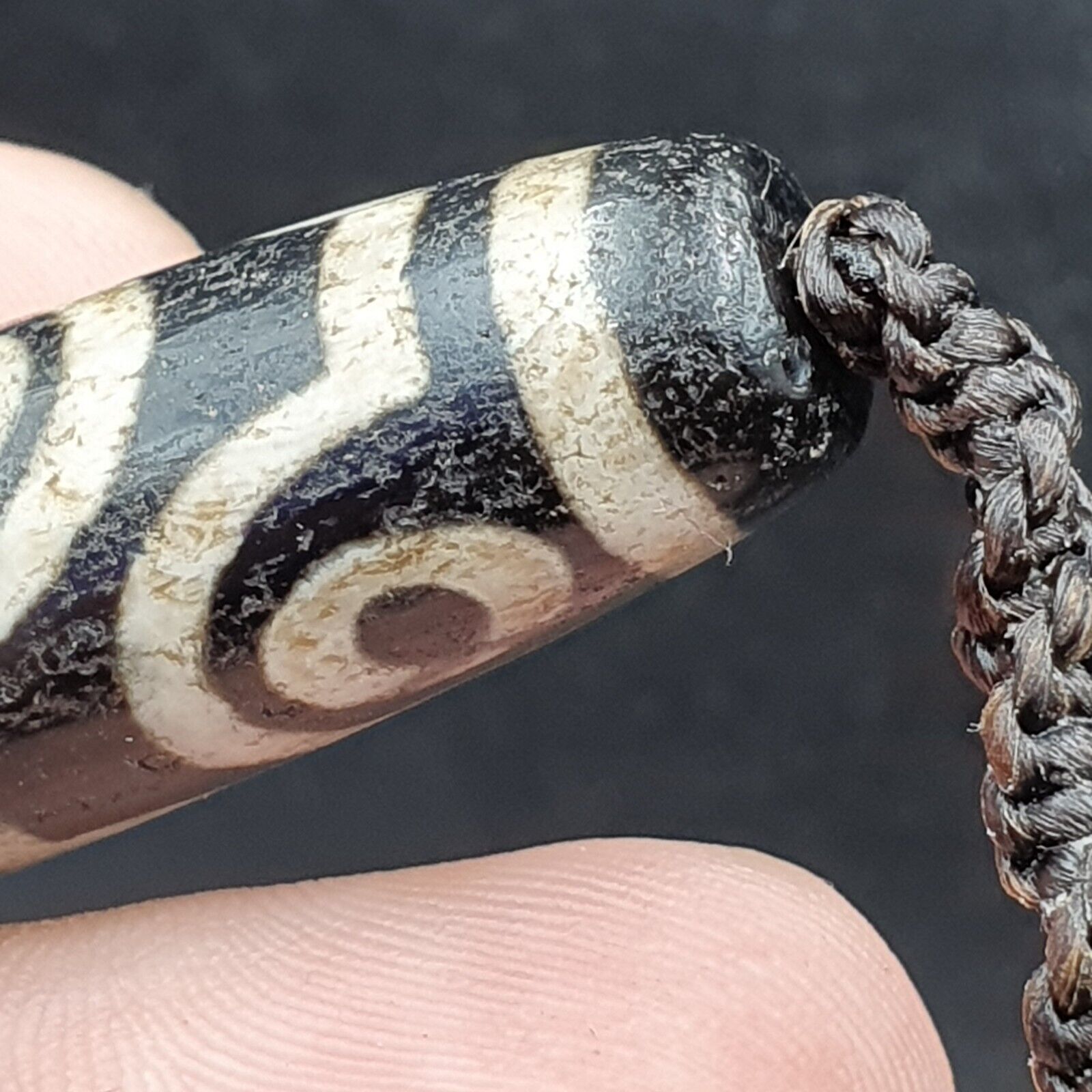 8 Eyes BEAD Tibetan dzi bead old amulet Black Agate Wax Thread Necklace