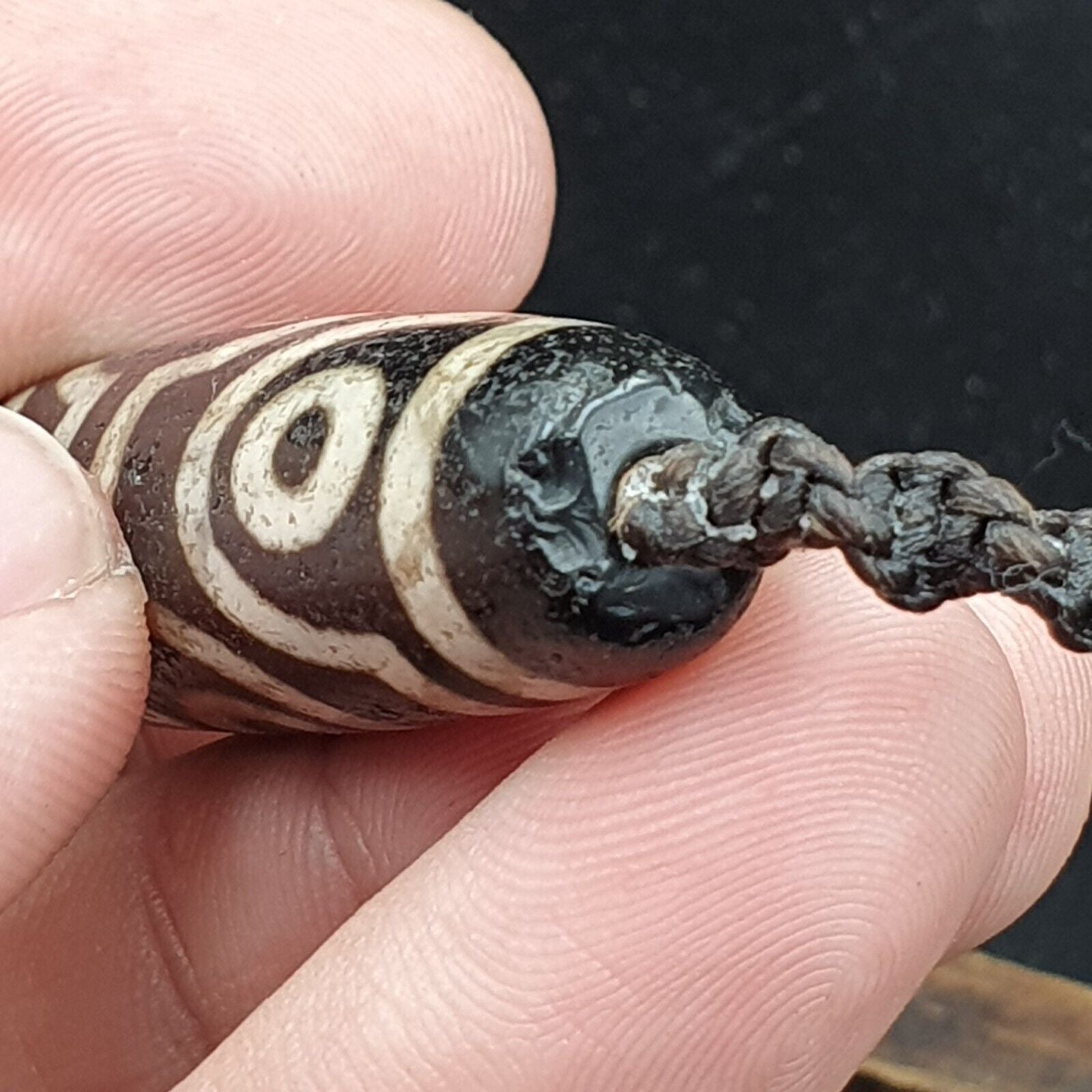 8 Eyes BEAD Tibetan dzi bead old amulet Black Agate Wax Thread Necklace