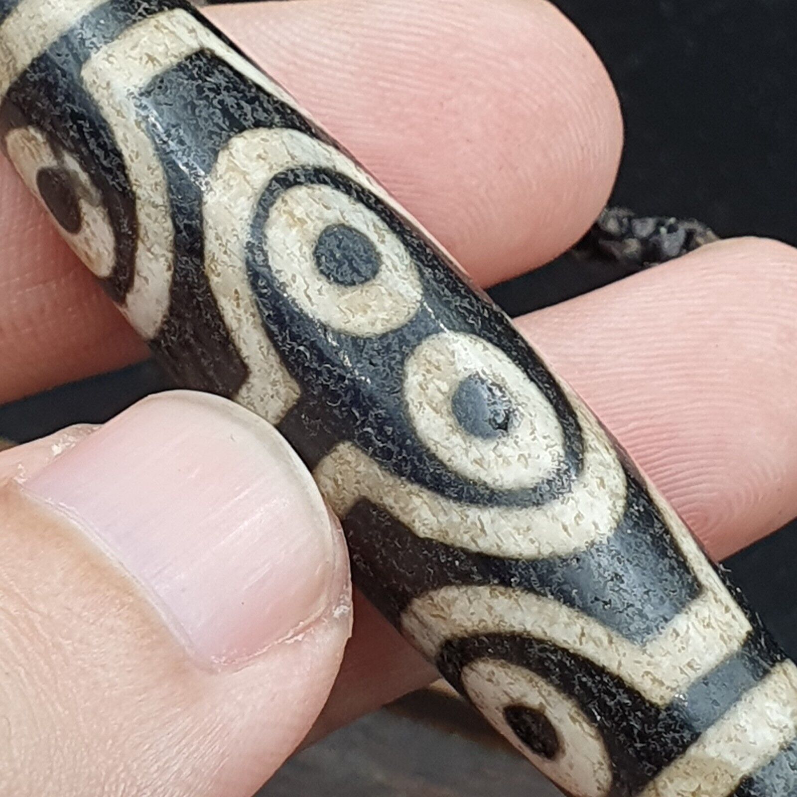 8 Eyes BEAD Tibetan dzi bead old amulet Black Agate Wax Thread Necklace
