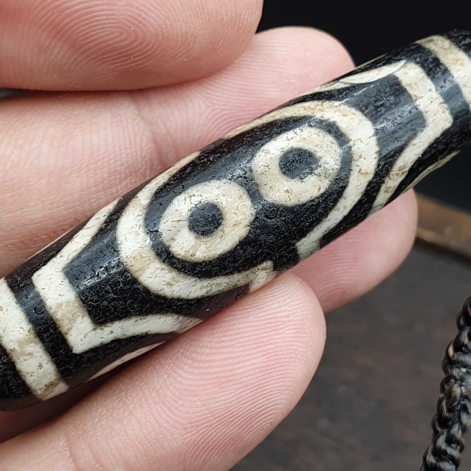 8 Eyes BEAD Tibetan dzi bead old amulet Black Agate Wax Thread Necklace