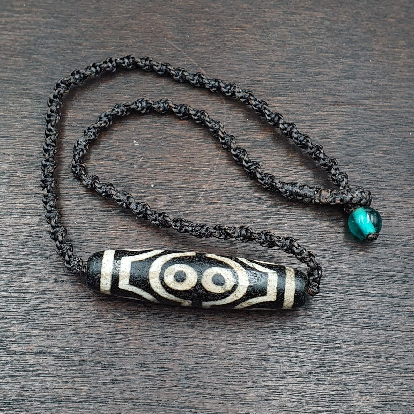 8 Eyes BEAD Tibetan dzi bead old amulet Black Agate Wax Thread Necklace