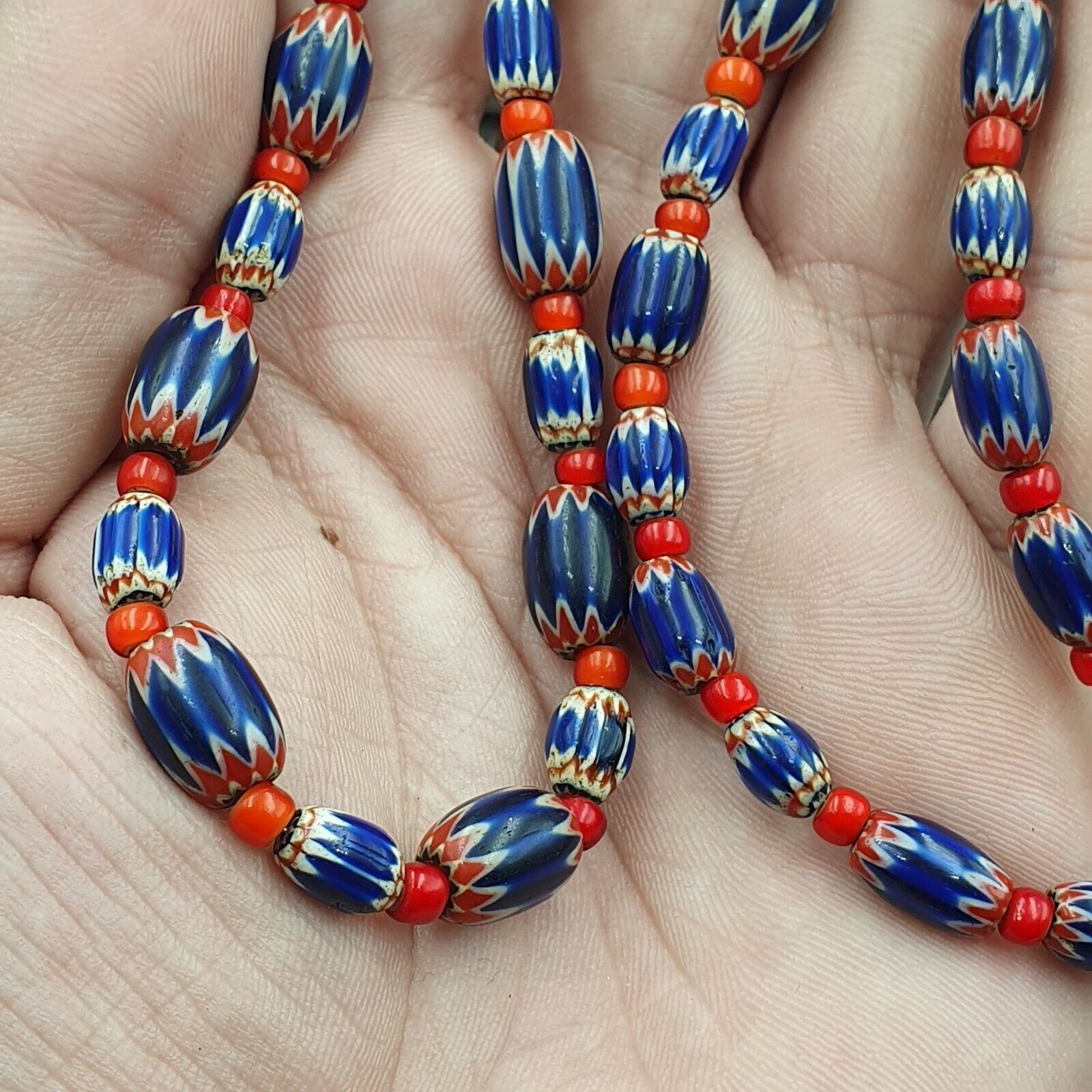 Beads of Antiquity Vintage Venetian White Heart and Blue Chevron Beads Necklace