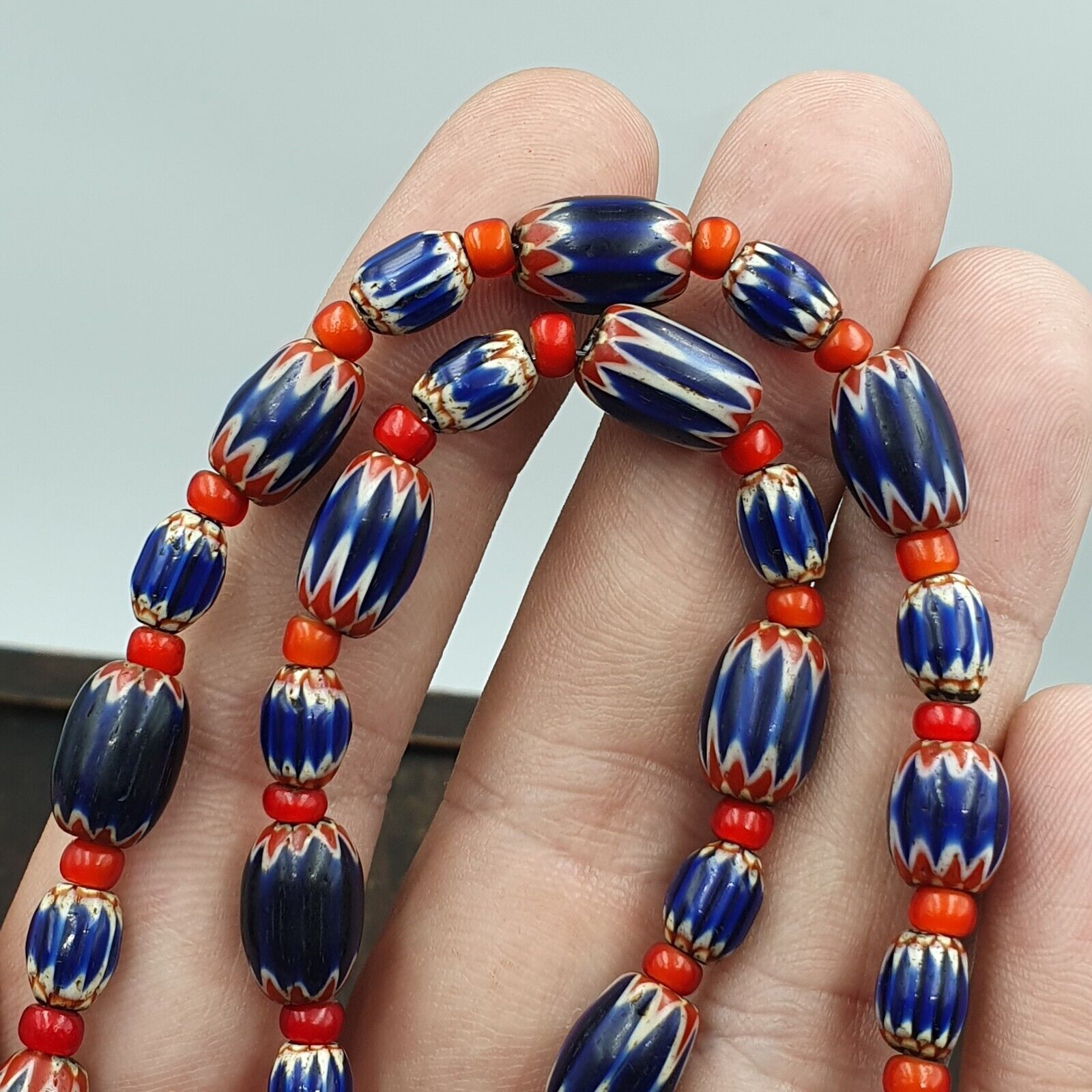 Beads of Antiquity Vintage Venetian White Heart and Blue Chevron Beads Necklace