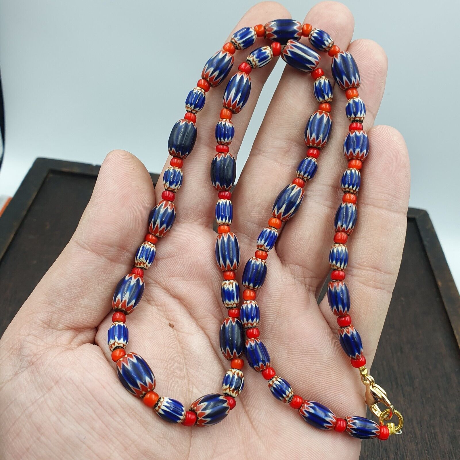 Beads of Antiquity Vintage Venetian White Heart and Blue Chevron Beads Necklace