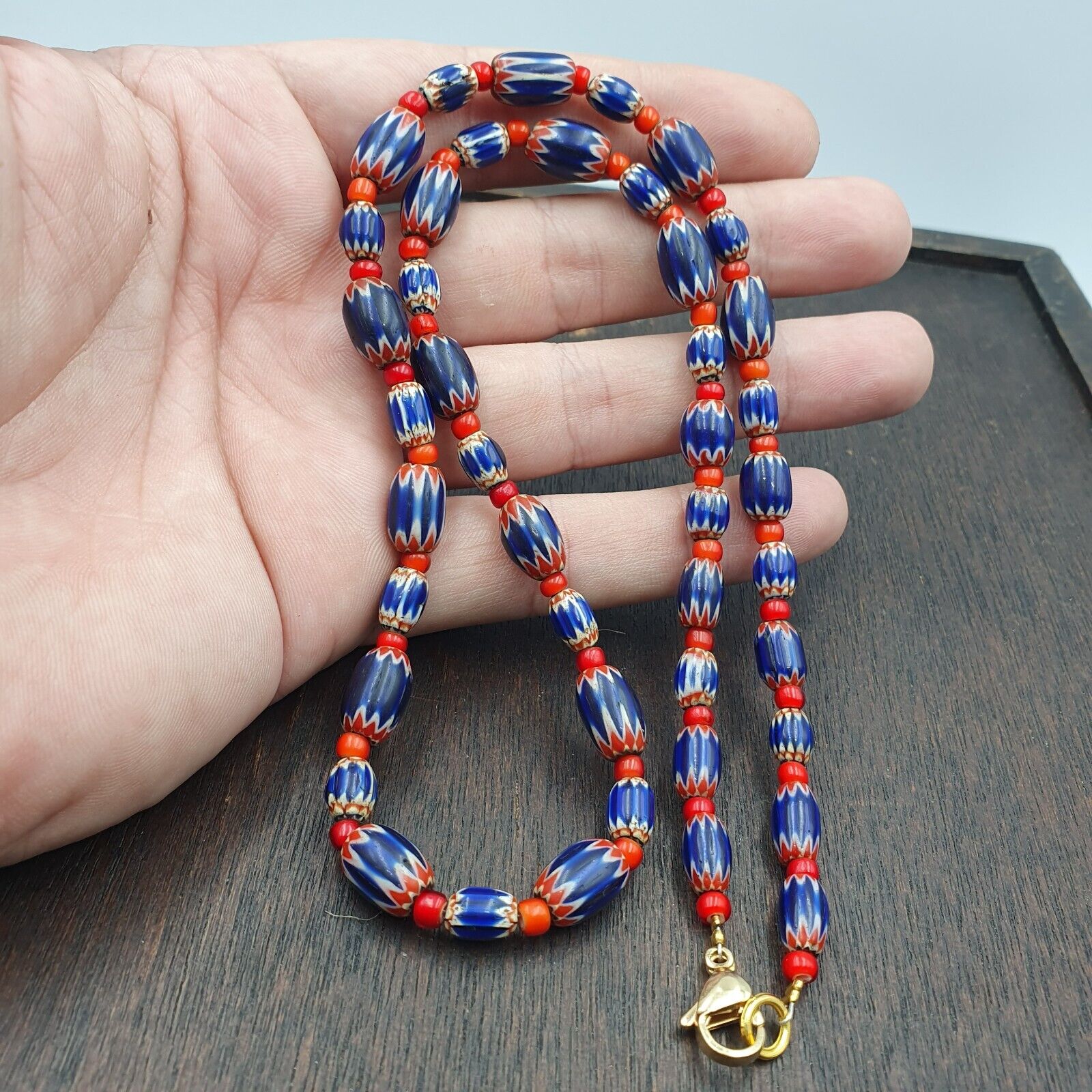 Beads of Antiquity Vintage Venetian White Heart and Blue Chevron Beads Necklace