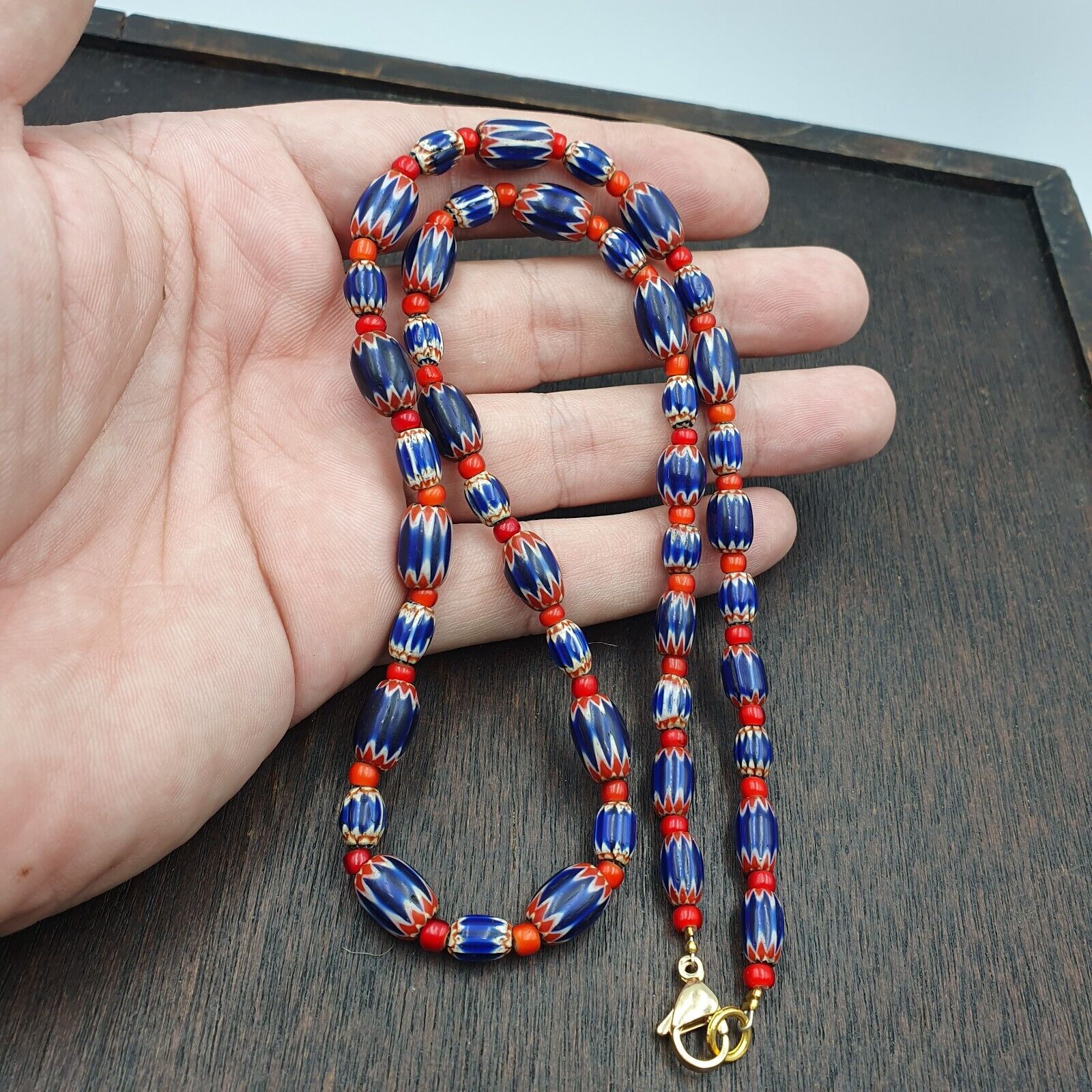 Beads of Antiquity Vintage Venetian White Heart and Blue Chevron Beads Necklace
