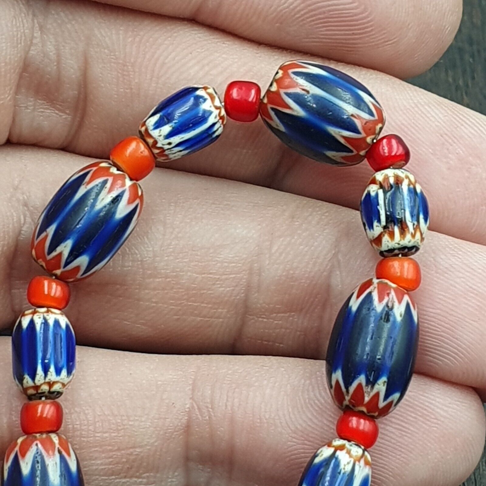 Beads of Antiquity Vintage Venetian White Heart and Blue Chevron Beads Necklace