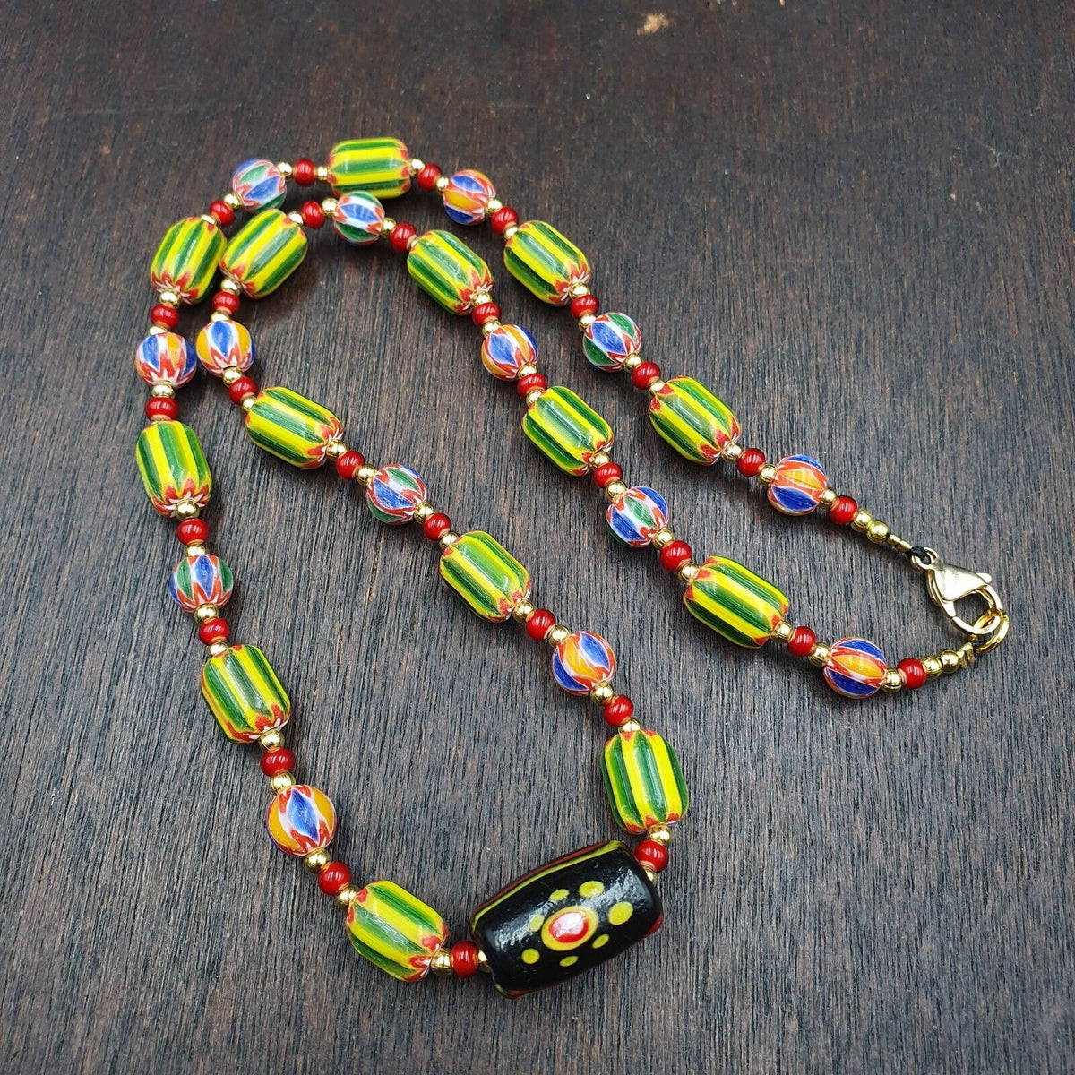 Venetian Style Chevron and White Heart Venetian Beads Glass Beads Necklace YCH-2