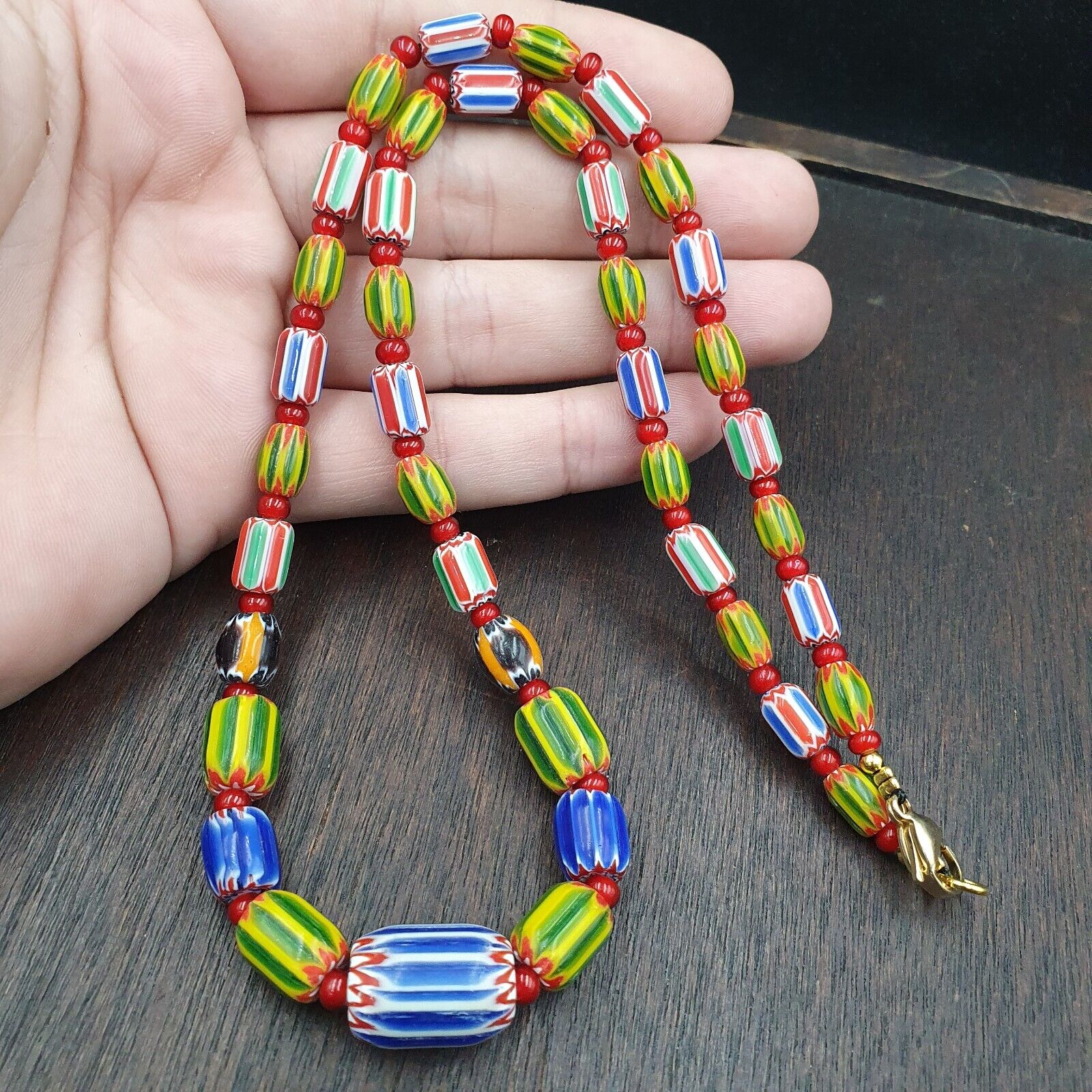 Venetian Style Chevron and White Heart Venetian Beads Glass Beads Necklace YCH-4