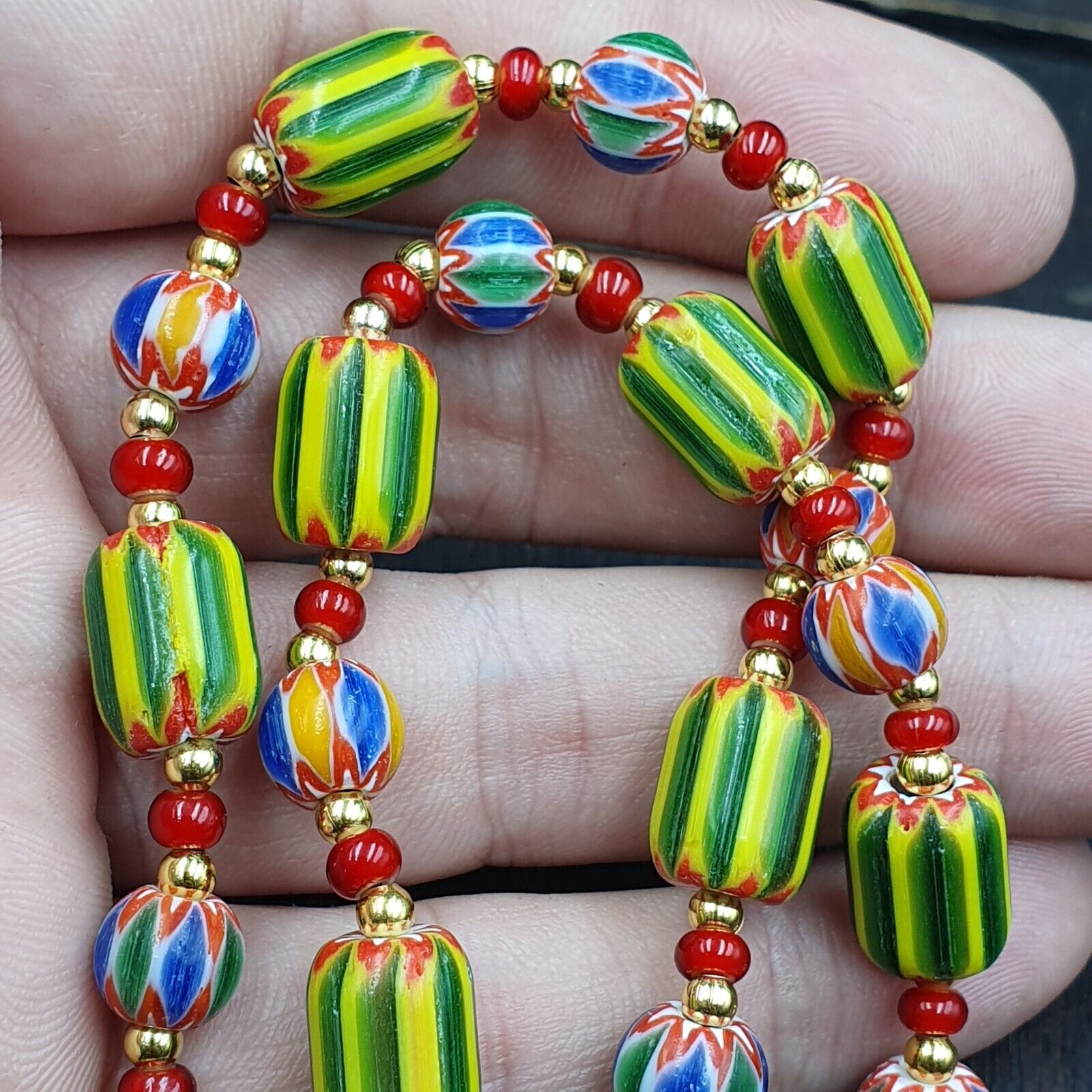 Venetian Style Chevron and White Heart Venetian Beads Glass Beads Necklace YCH-2