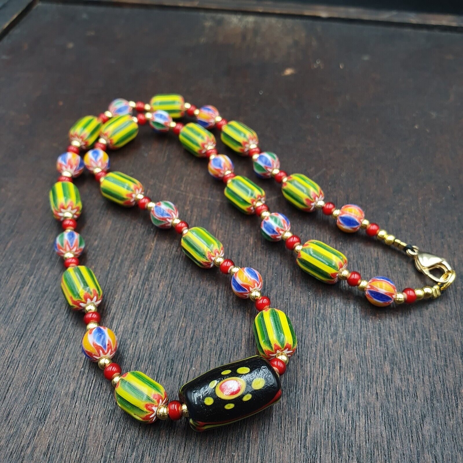 Venetian Style Chevron and White Heart Venetian Beads Glass Beads Necklace YCH-2